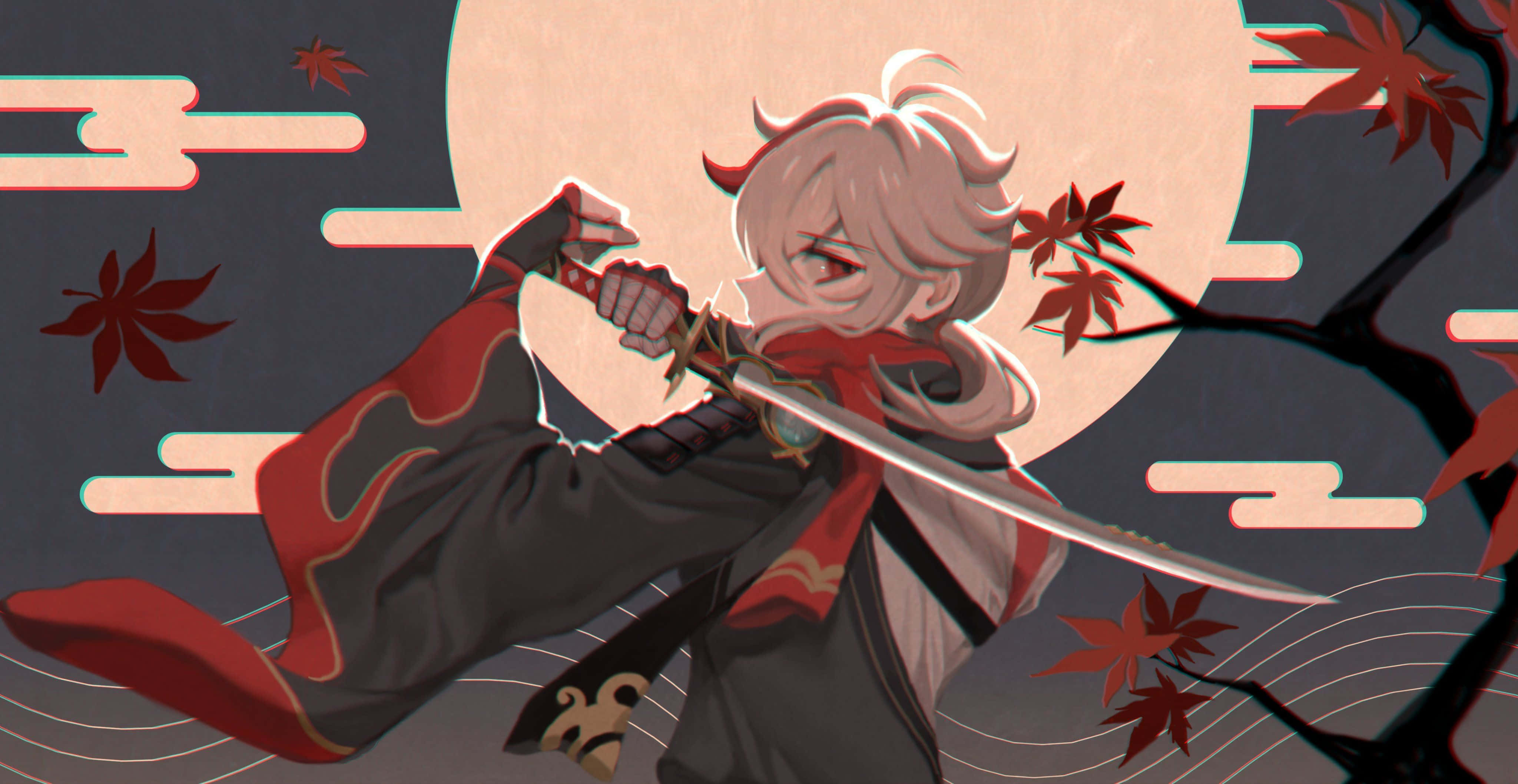 Kazuha, white hair, red scarf, 4K Desktop Wallpaper