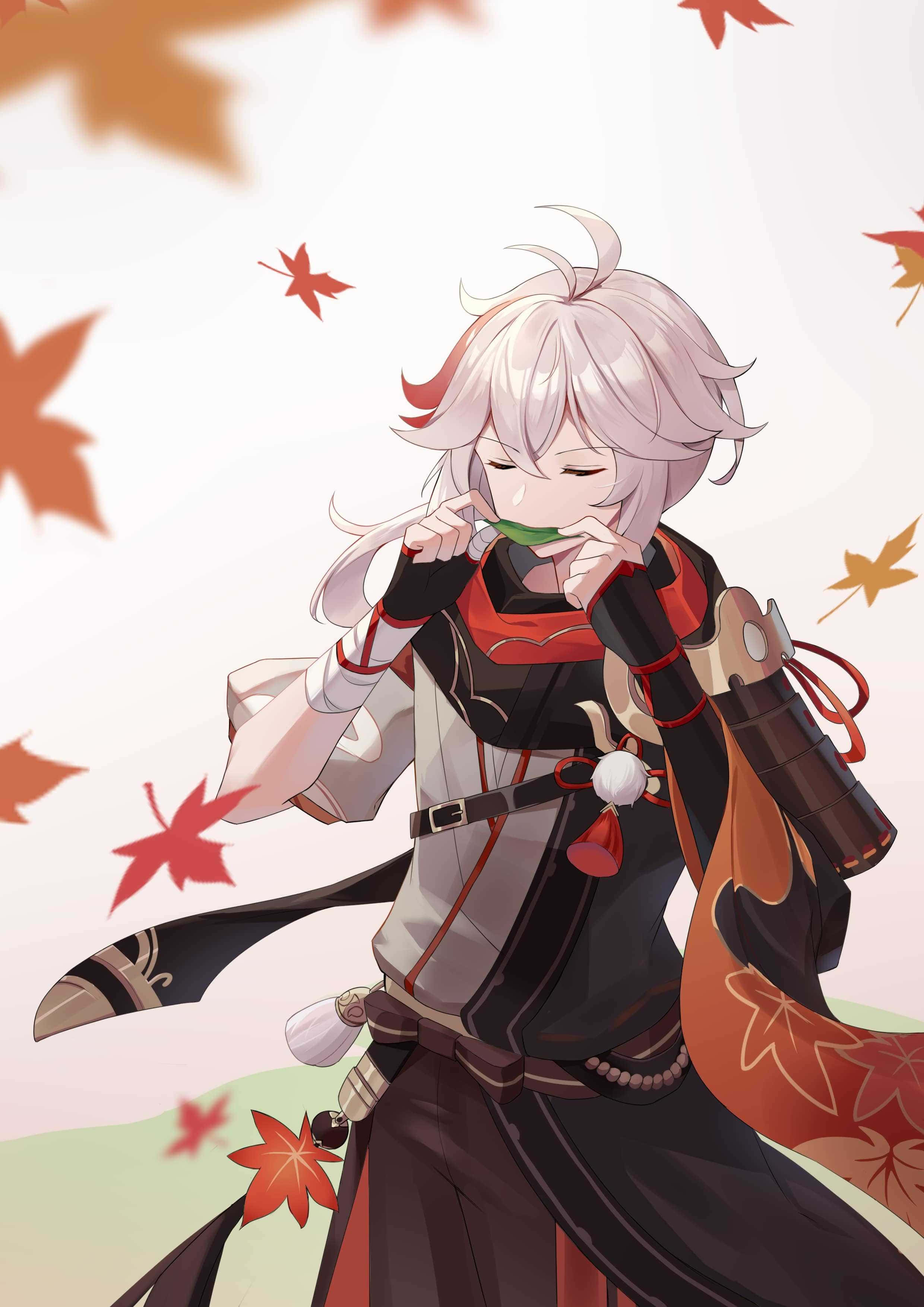 Kazuha, white hair, red accents, 2K Phone Wallpaper
