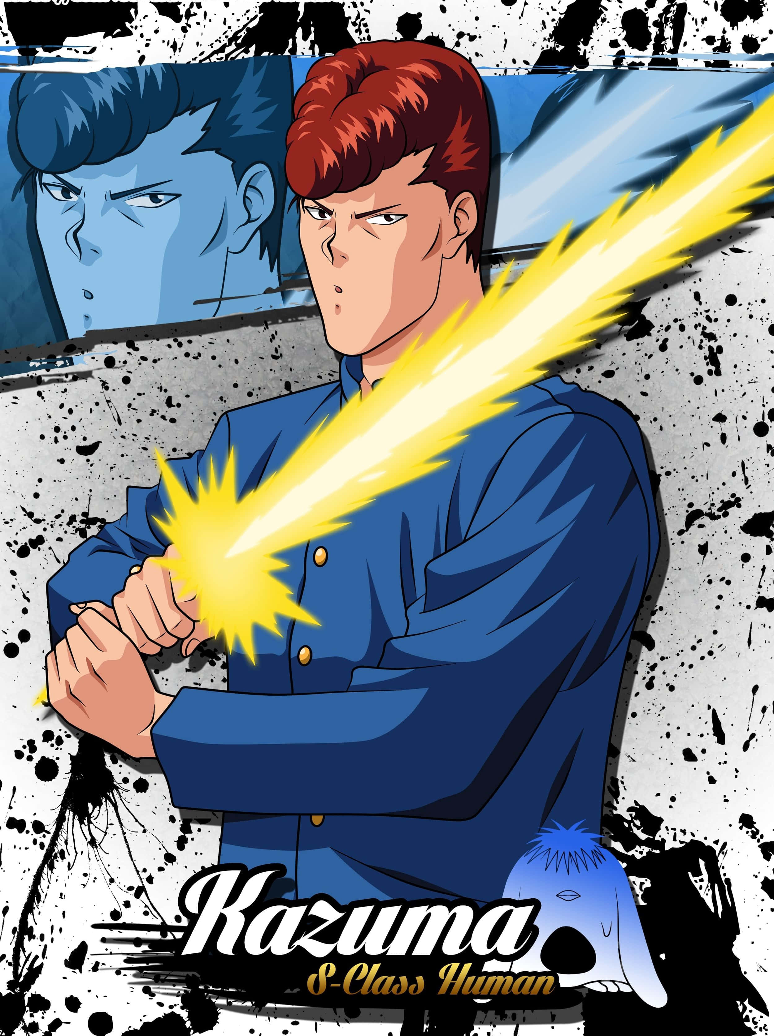 Kazuma Kuwabara, blue uniform, bright yellow energy blast, 2K Phone Wallpaper