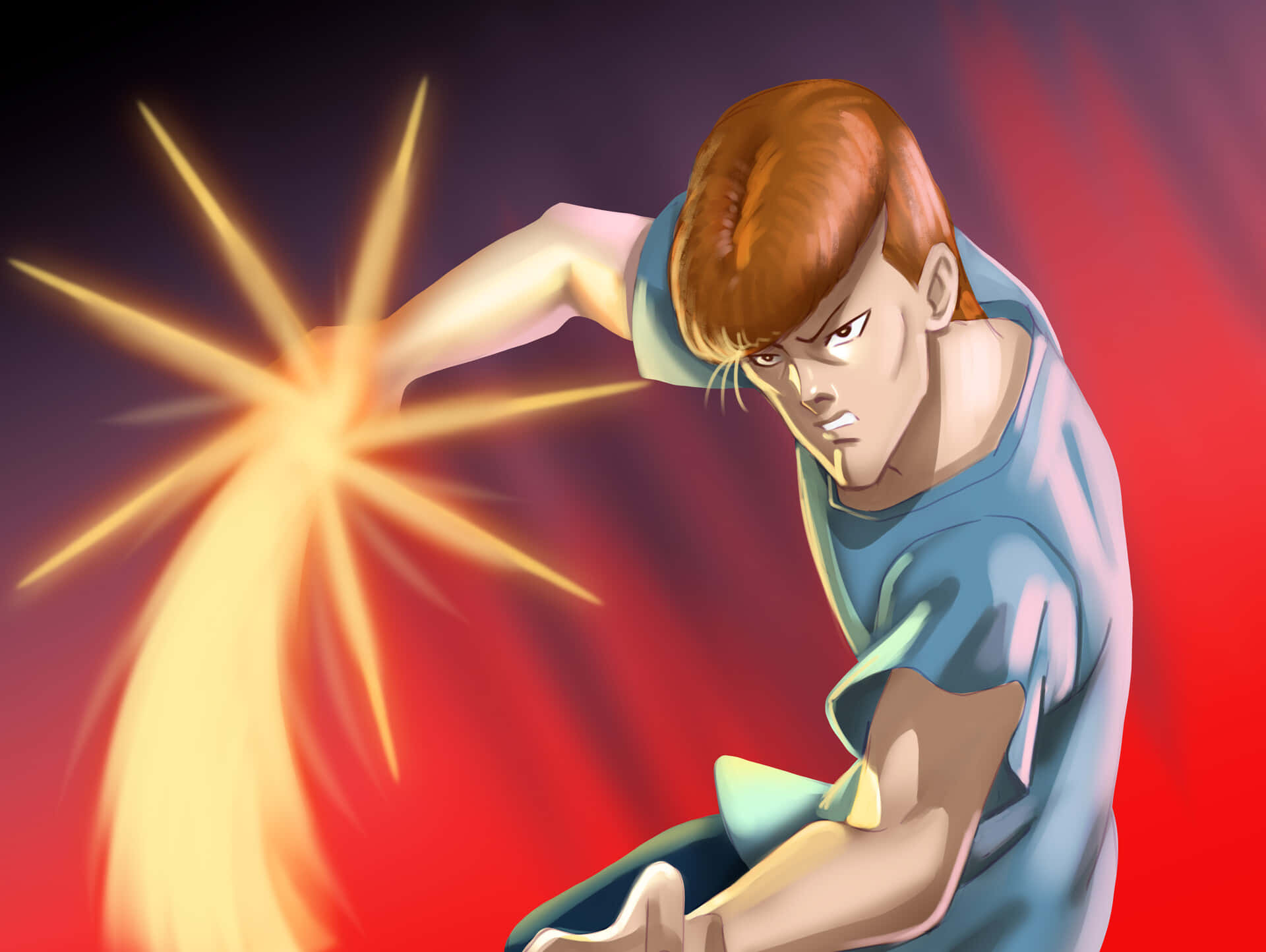 Kuwabara, blue shirt, glowing golden energy blast, Full HD Desktop Wallpaper