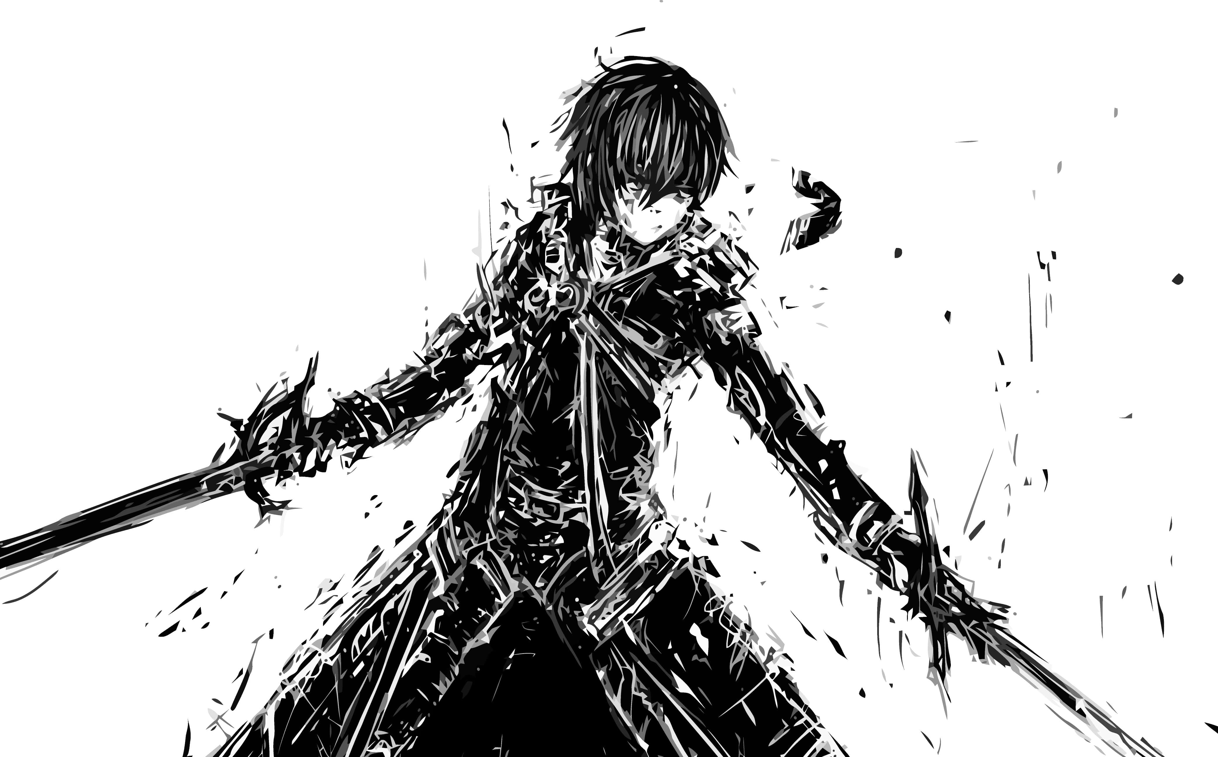 Kazuto Kirigaya, black and white, two swords, 4K Desktop Wallpaper