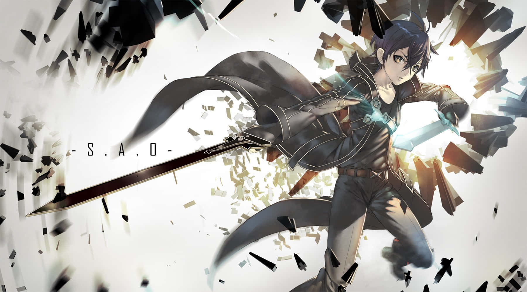 Kazuto Kirigaya, glowing sword, shattering black fragments, HD Desktop Wallpaper