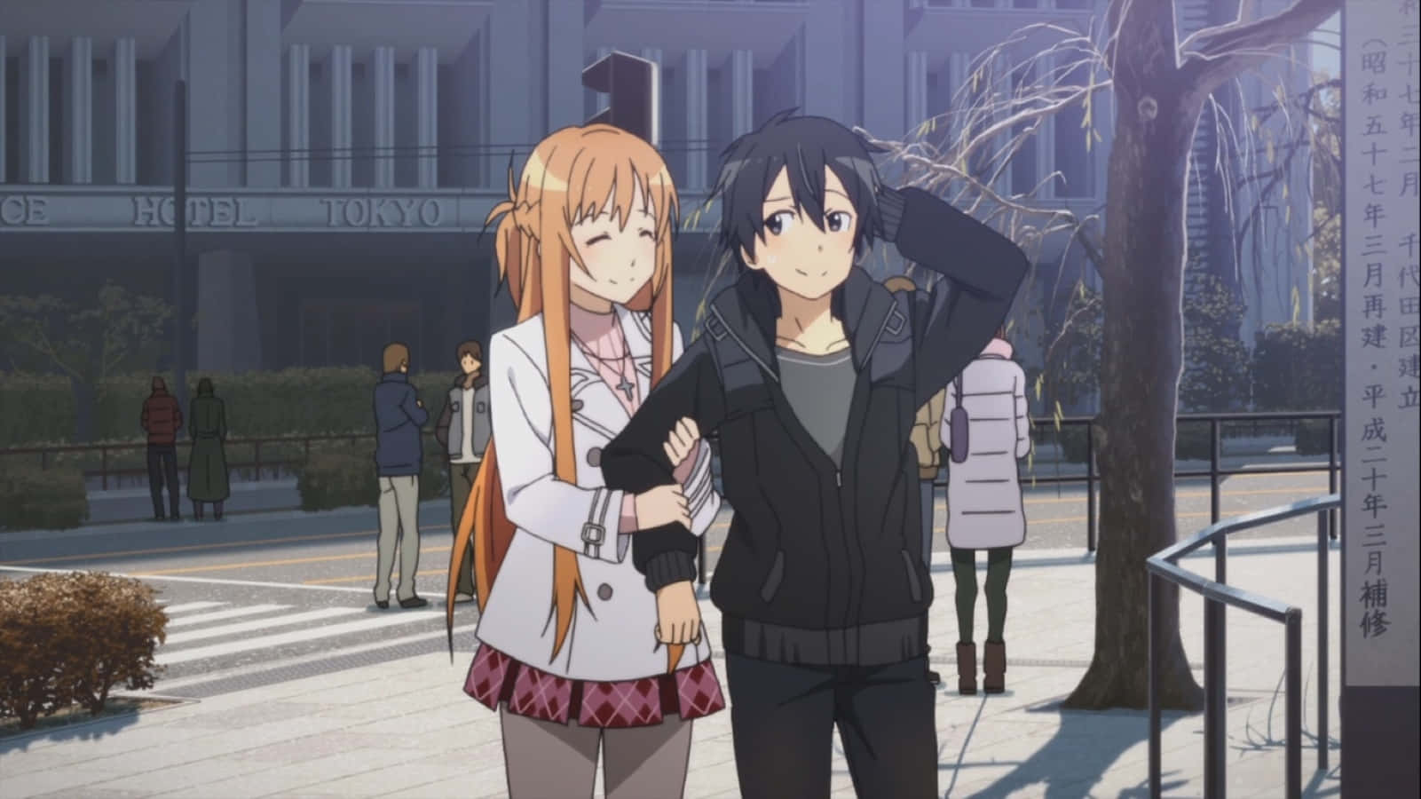 Kazuto Kirigaya, black Swordsman outfit, city sidewalk, HD Desktop Wallpaper