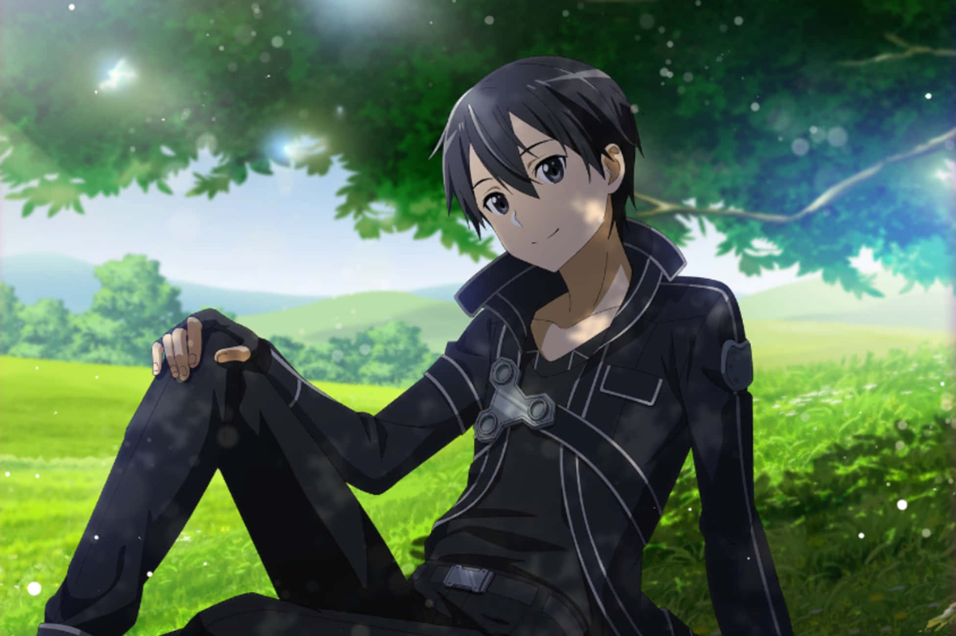 Kazuto Kirigaya, black outfit, leafy tree, Full HD Desktop Wallpaper