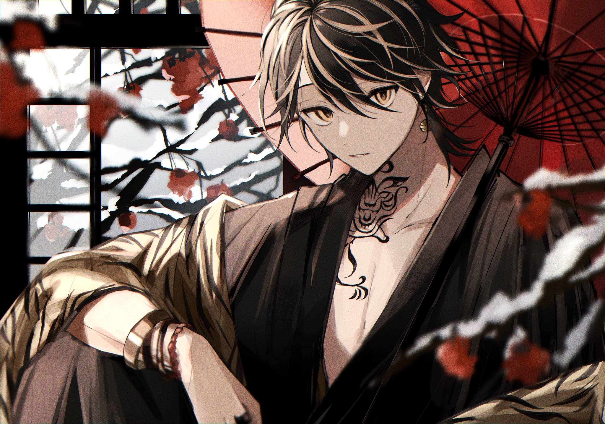 Kazutora Hanemiya, red umbrella, cherry blossoms, Full HD Desktop Wallpaper