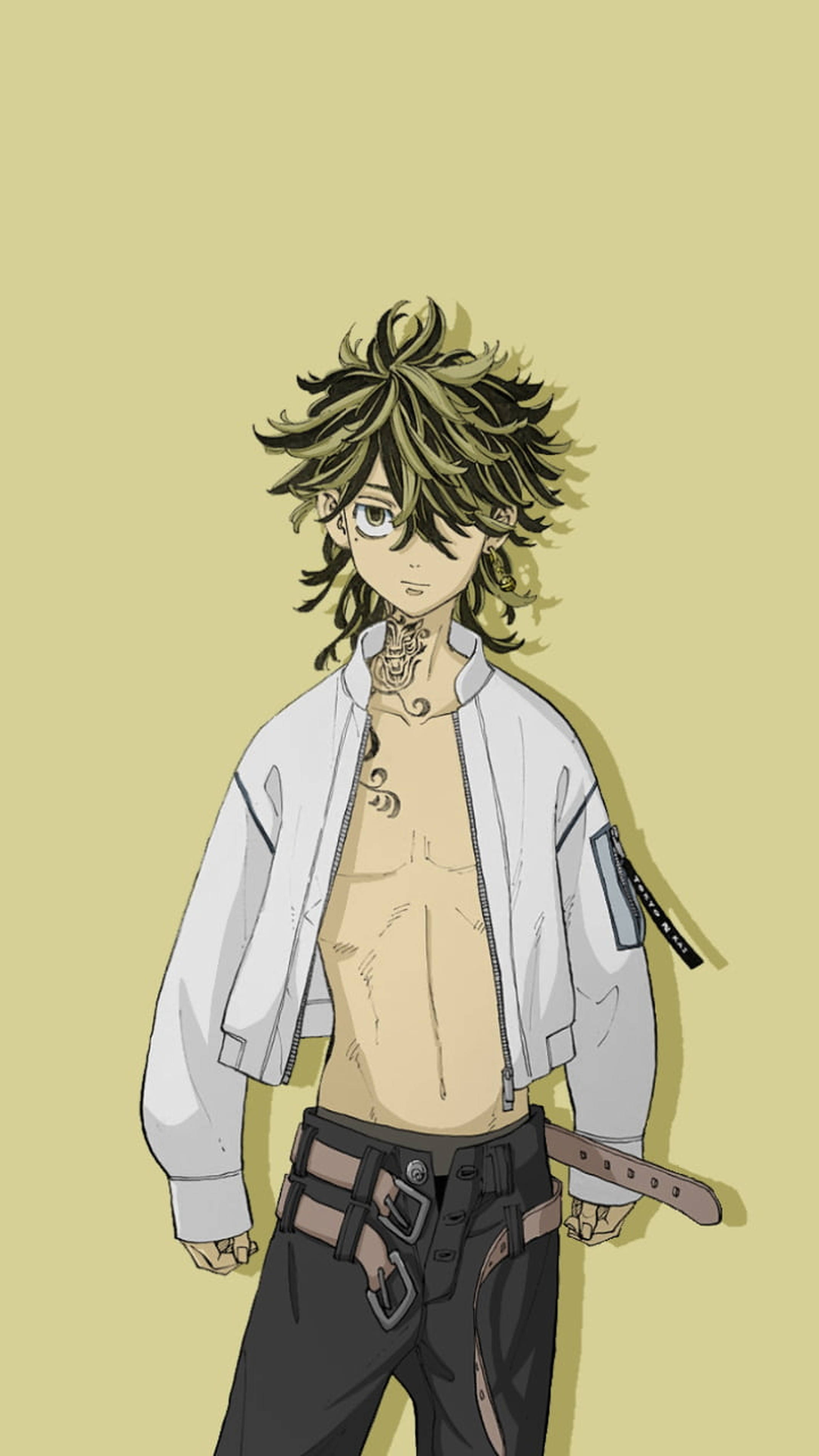 Kazutora Hanemiya, messy green hair, tattoos, 2K Phone Wallpaper