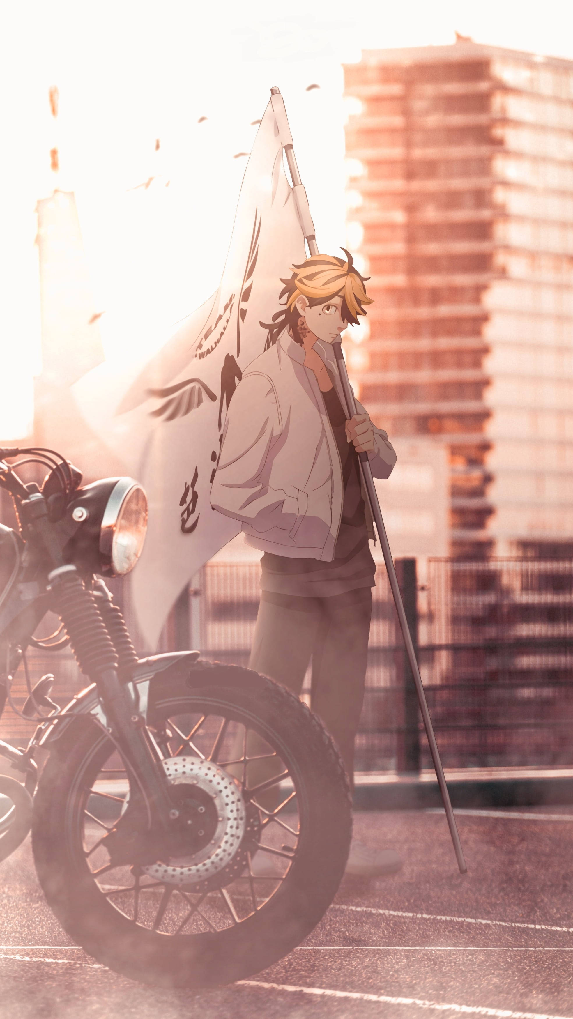 Kazutora Hanemiya, white flag, black markings, 2K Phone Wallpaper