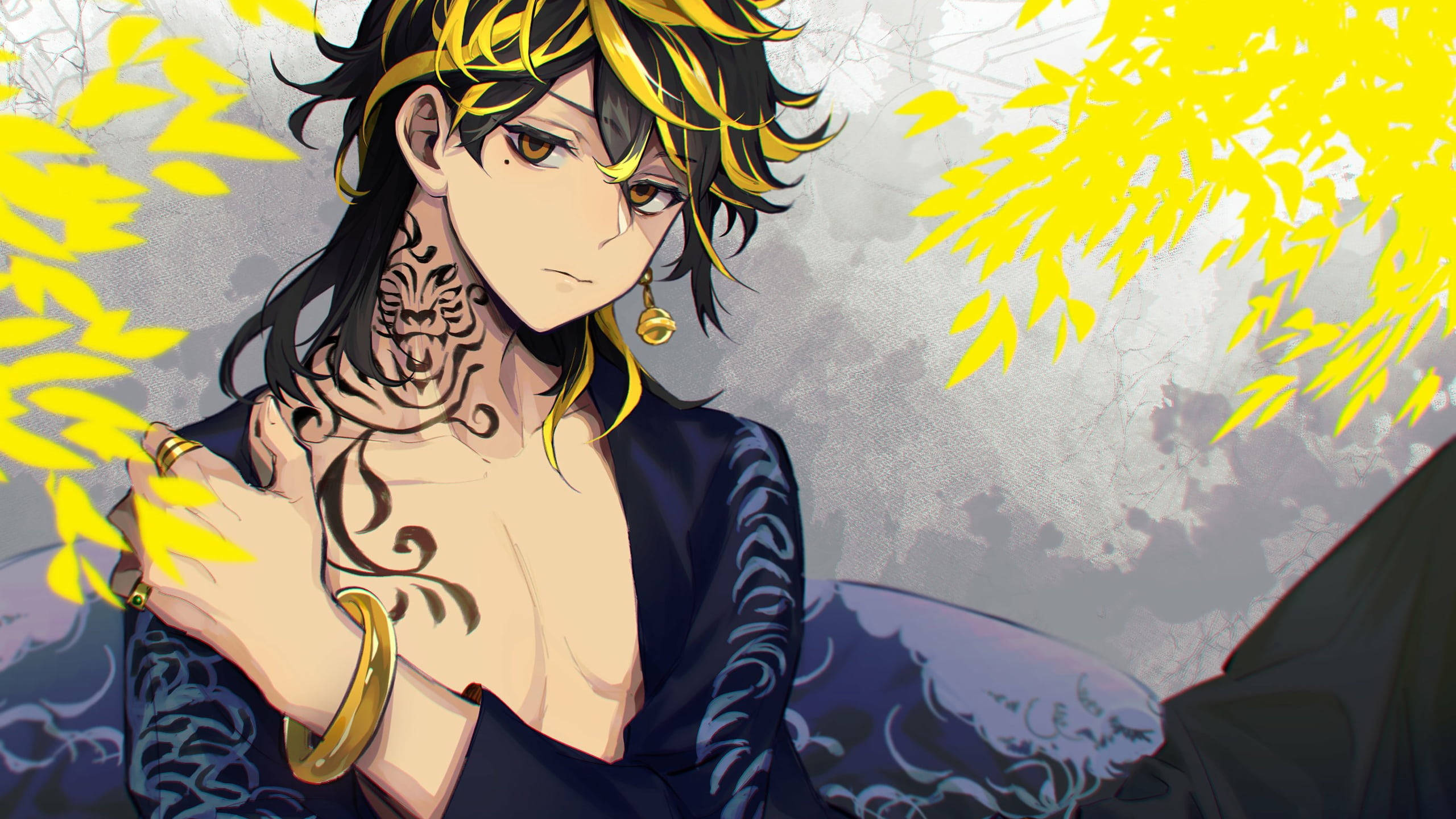 Kazutora Hanemiya, black and yellow hair, intricate tattoos, 2K Desktop Wallpaper
