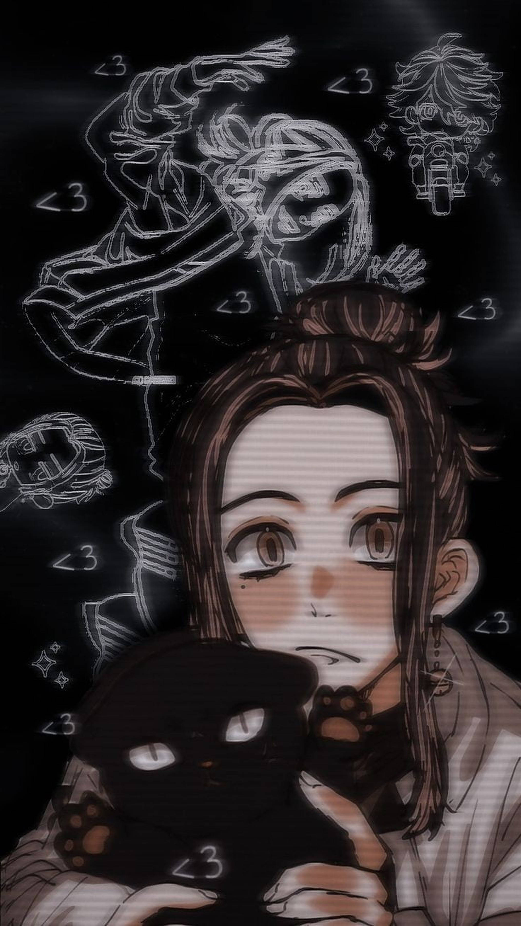 Kazutora Hanemiya, black cat plushie, dark background, 2K Phone Wallpaper