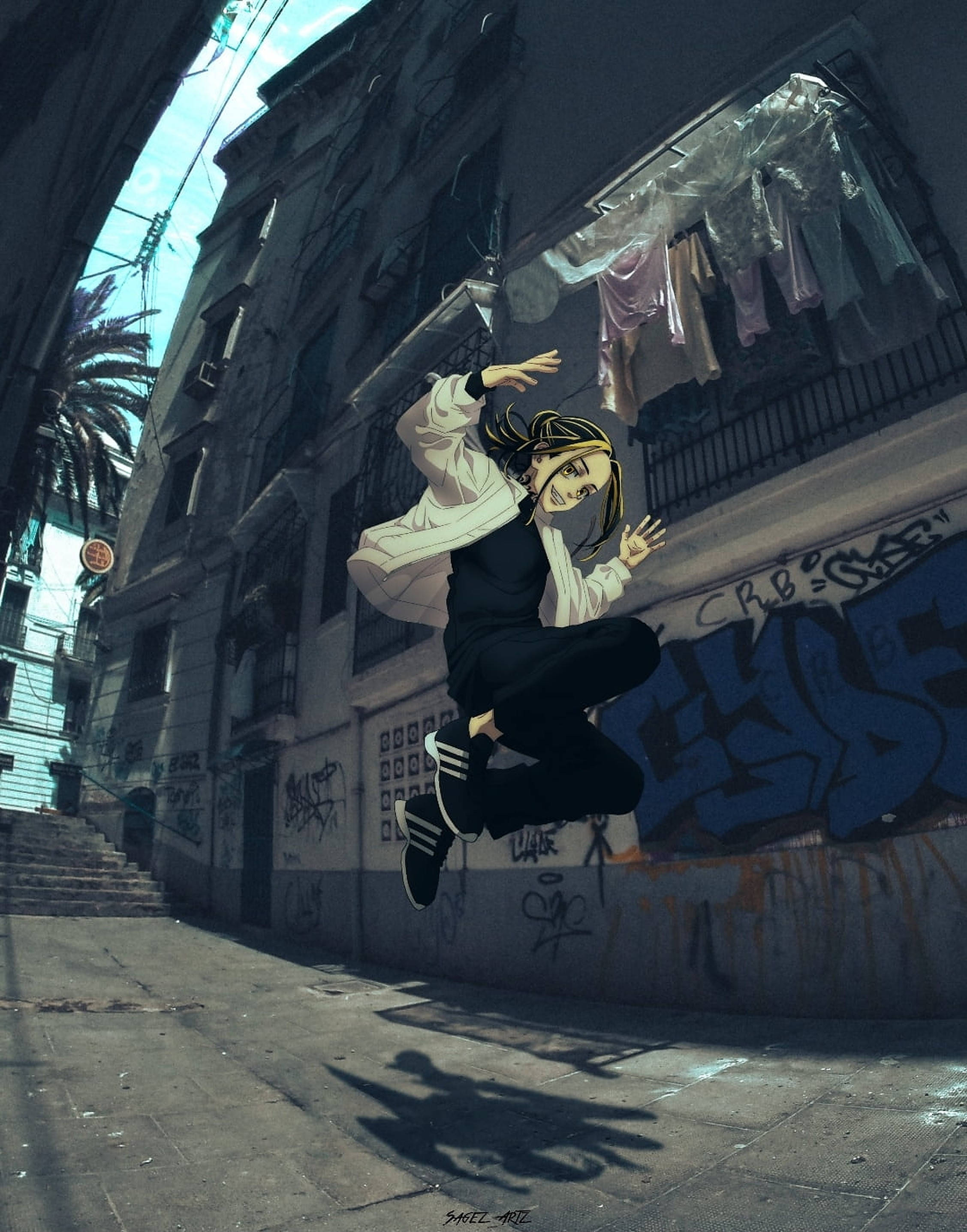 Kazutora Hanemiya, jumping, sunlit urban alleyway, 2K Phone Wallpaper