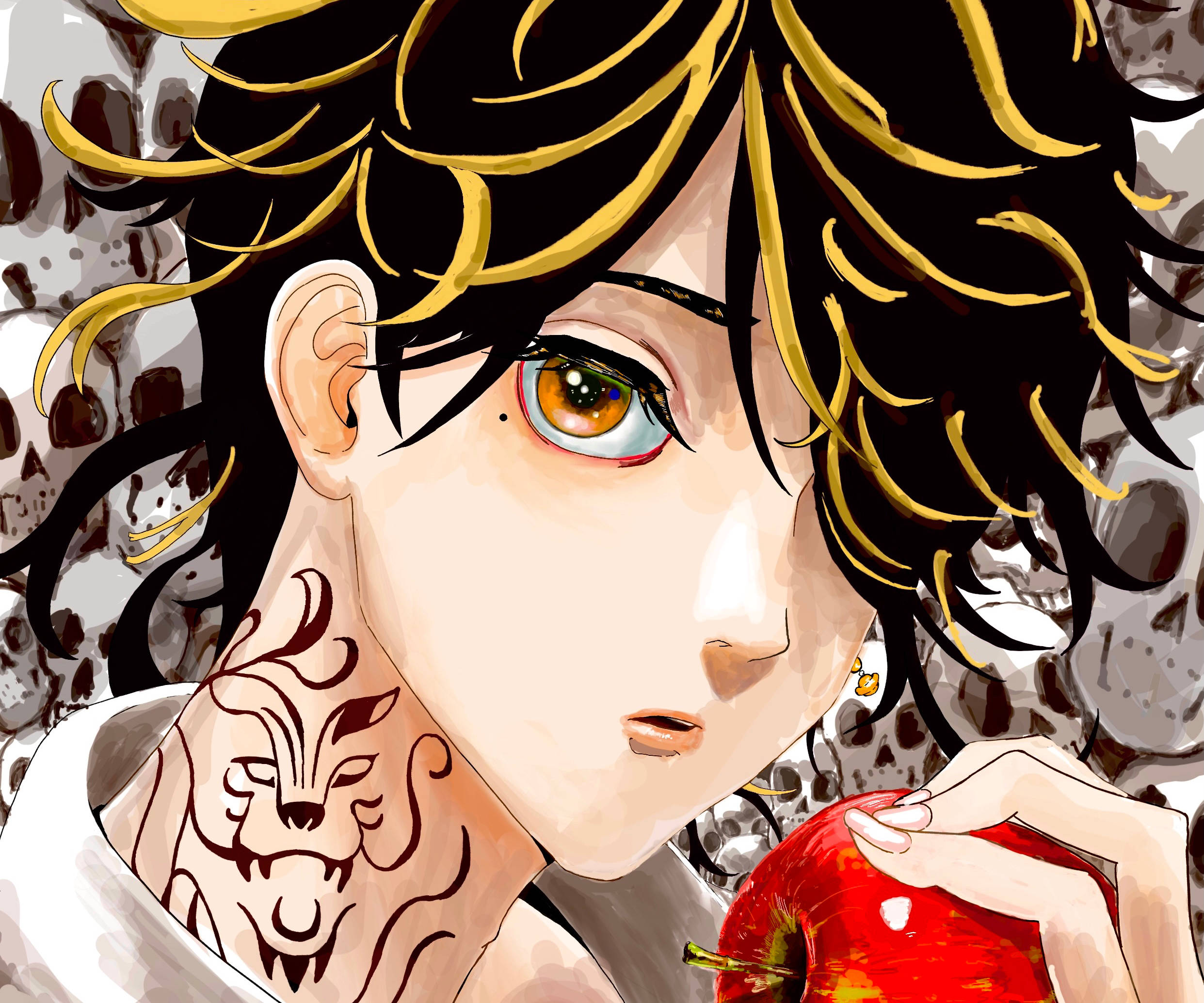 Kazutora Hanemiya, black and gold hair, red apple, Full HD Desktop Wallpaper
