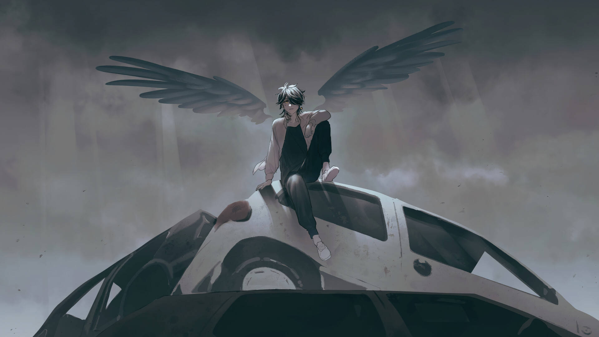 Kazutora Hanemiya, black wings, wrecked car, Full HD Desktop Wallpaper