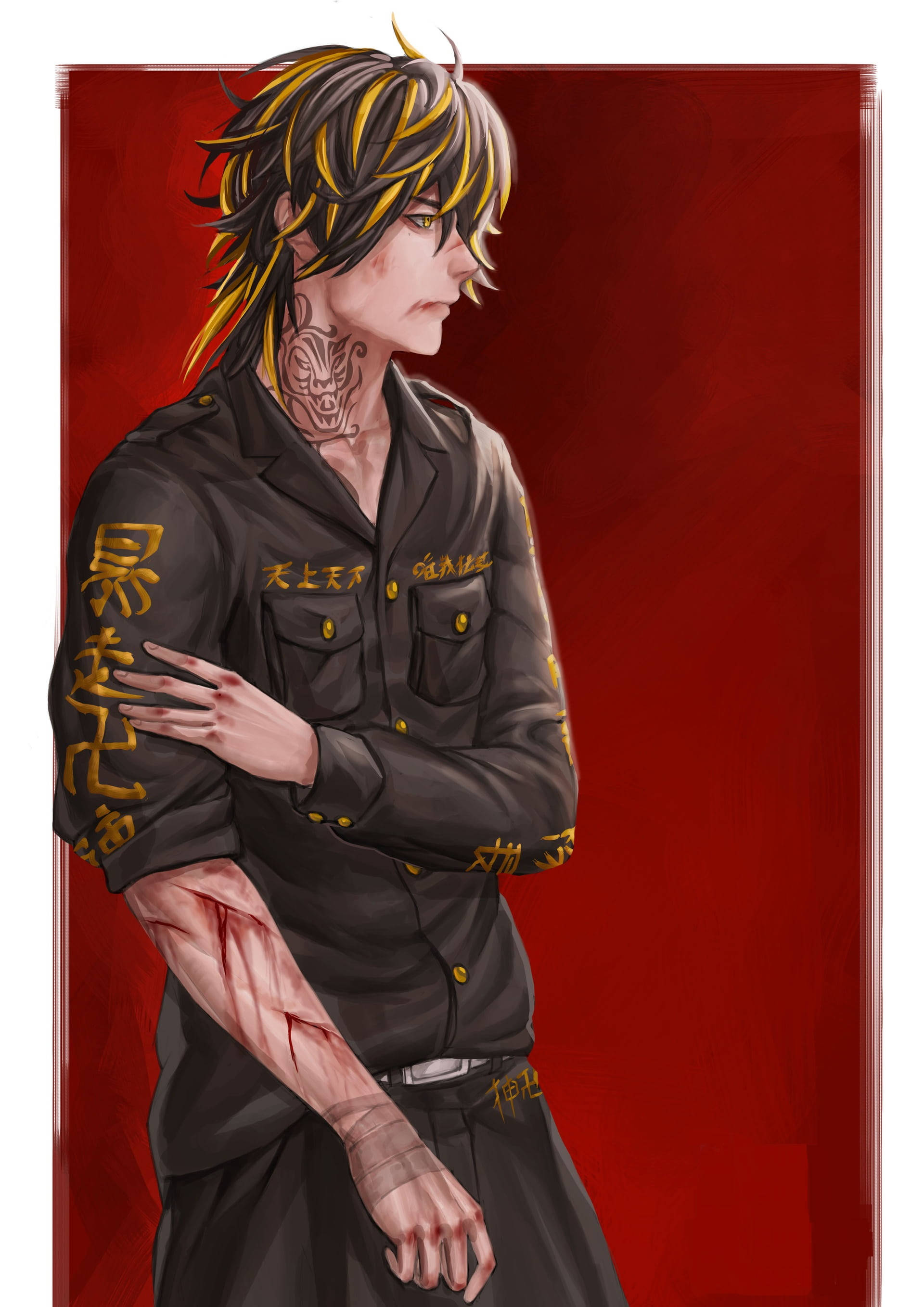 Kazutora Hanemiya, black and yellow hair, neck tattoos, 2K Phone Wallpaper