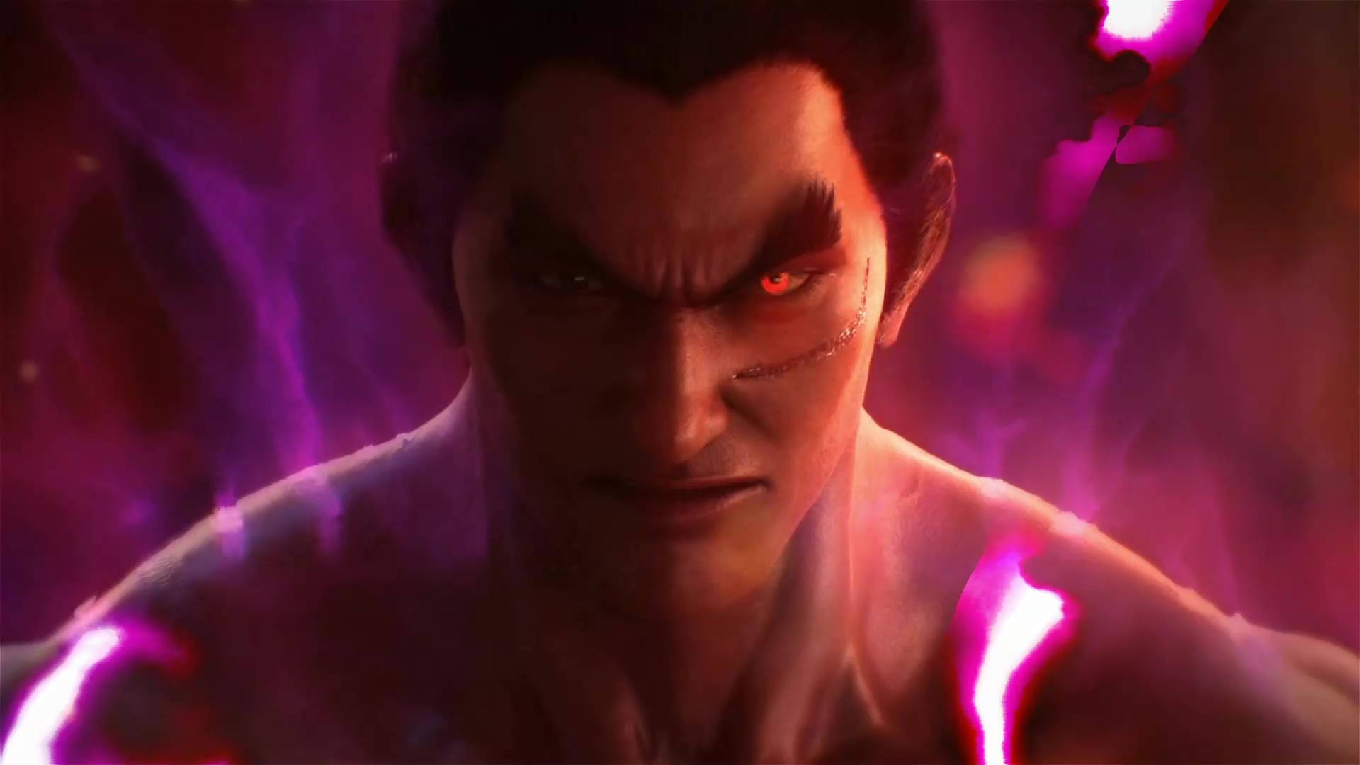 Kazuya Mishima, glowing red eyes, purple energy, Full HD Desktop Wallpaper