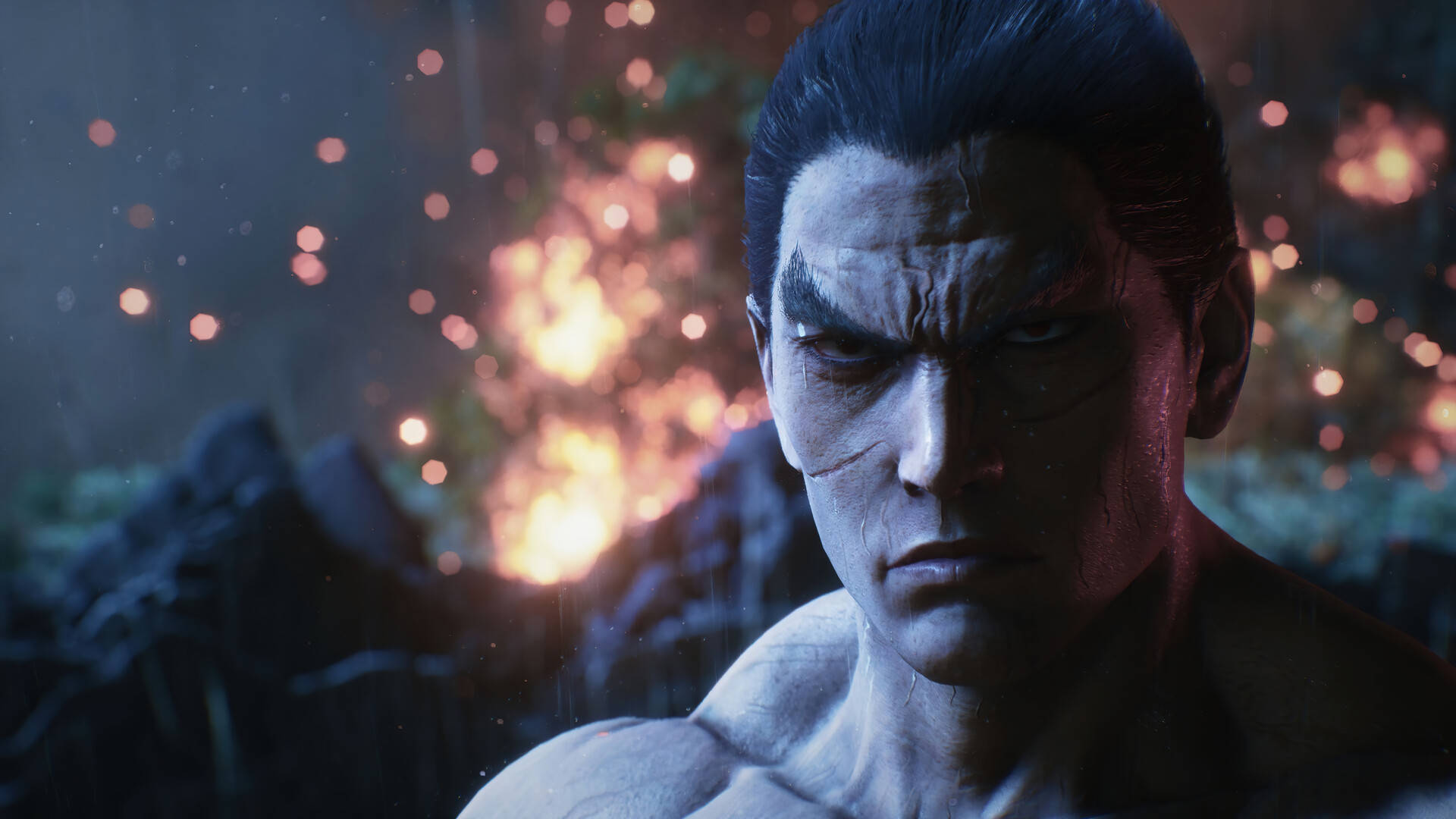 Kazuya Mishima, rainy night scene, fiery bokeh lights, Full HD Desktop Wallpaper