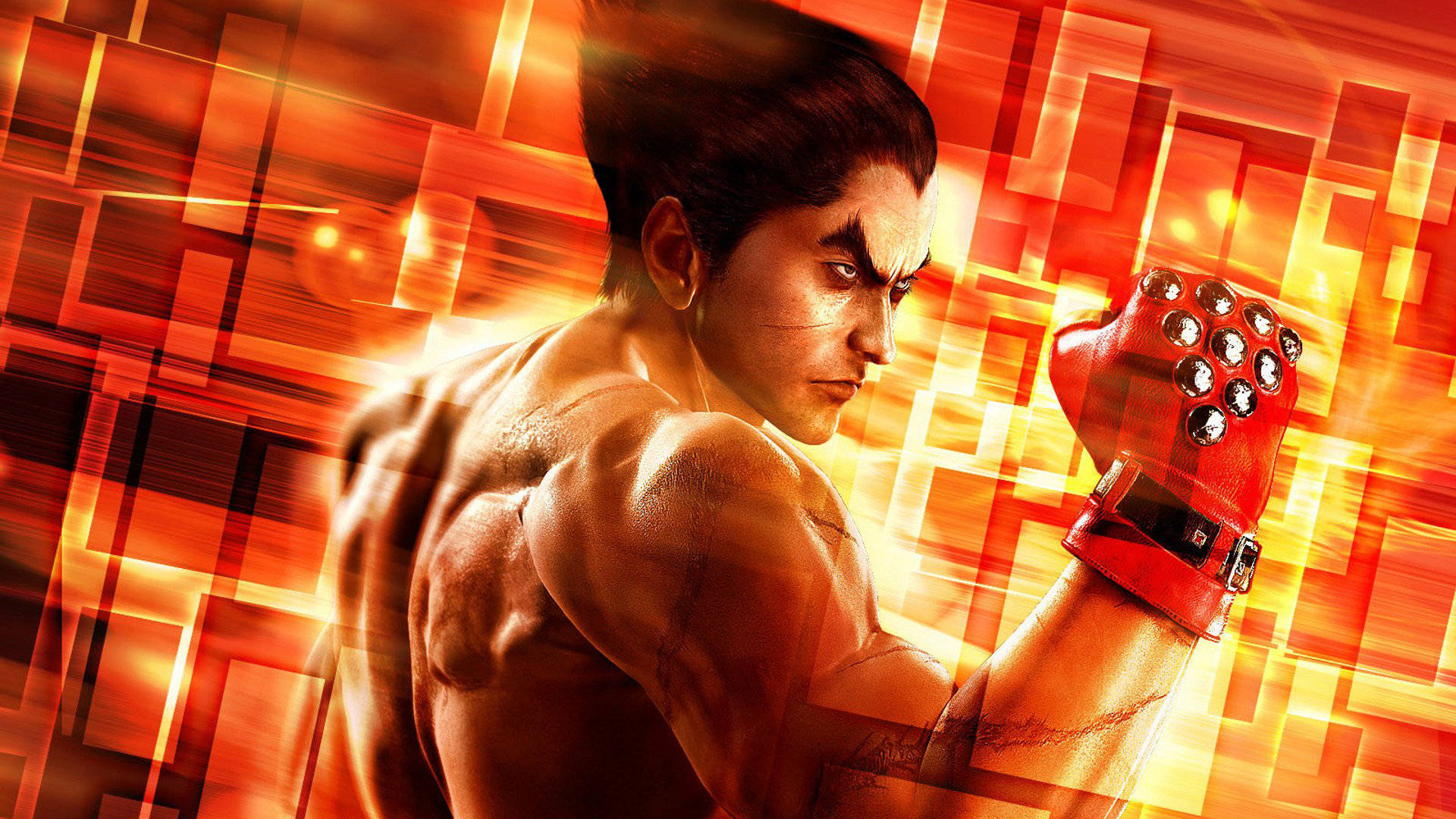 Kazuya Mishima, red spiked gloves, combat stance, Full HD Desktop Wallpaper