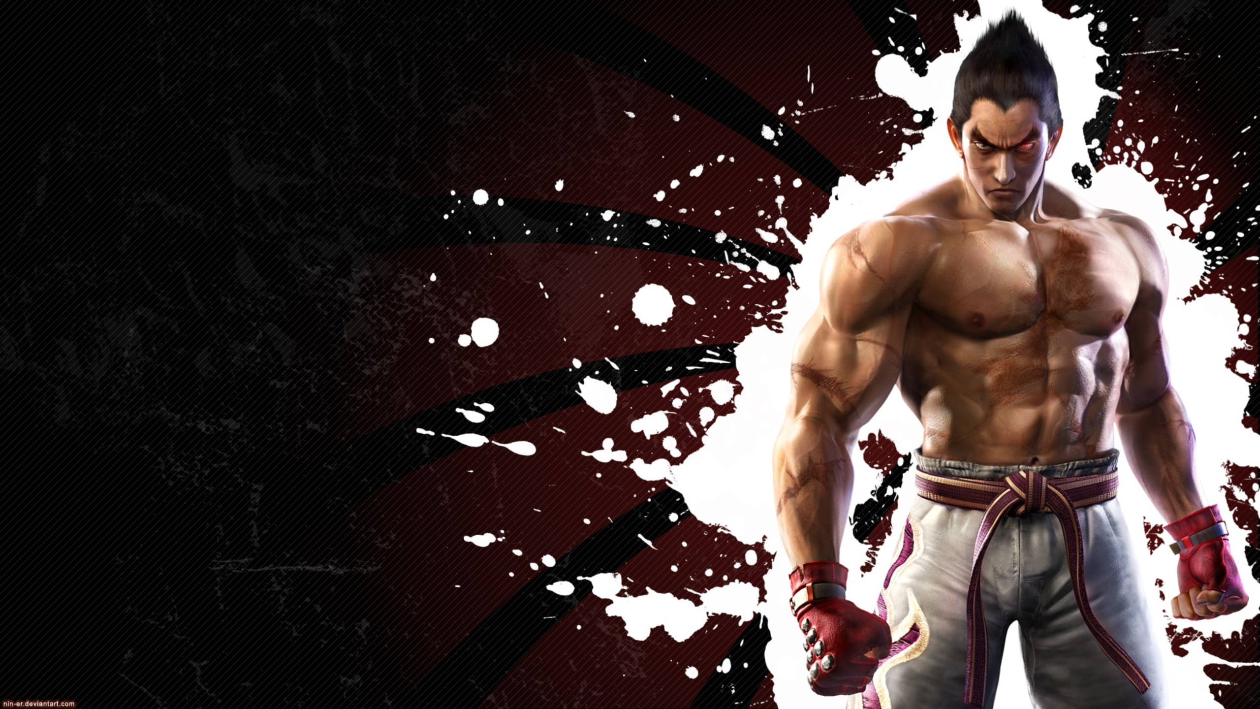 Kazuya Mishima, red gloves, dark red and black splattered background, 2K Desktop Wallpaper