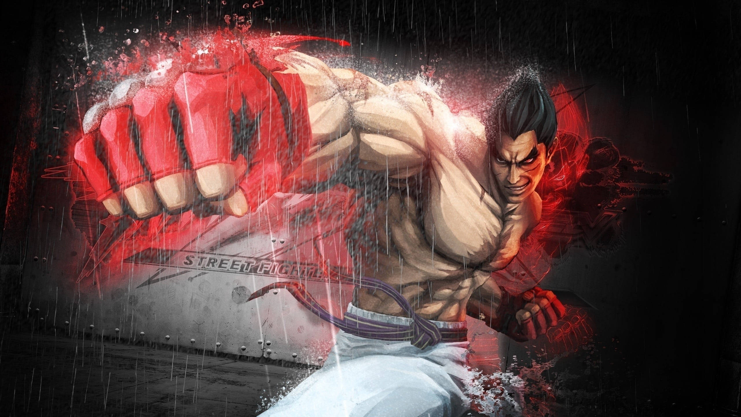Kazuya Mishima, red gloves, rain-soaked scene, 2K Desktop Wallpaper