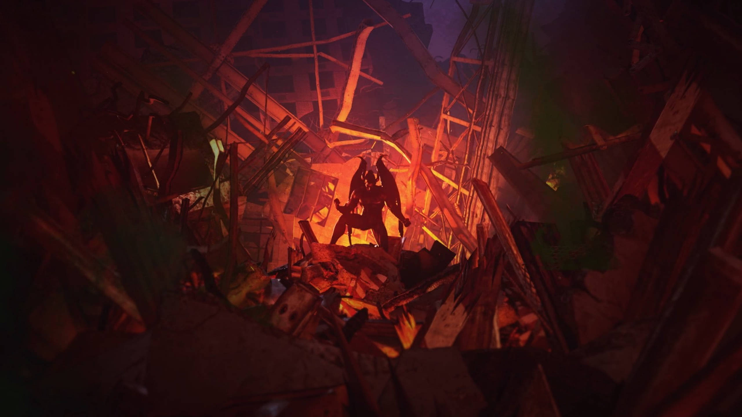 Kazuya Mishima, ruined building, dark purple sky, 2K Desktop Wallpaper