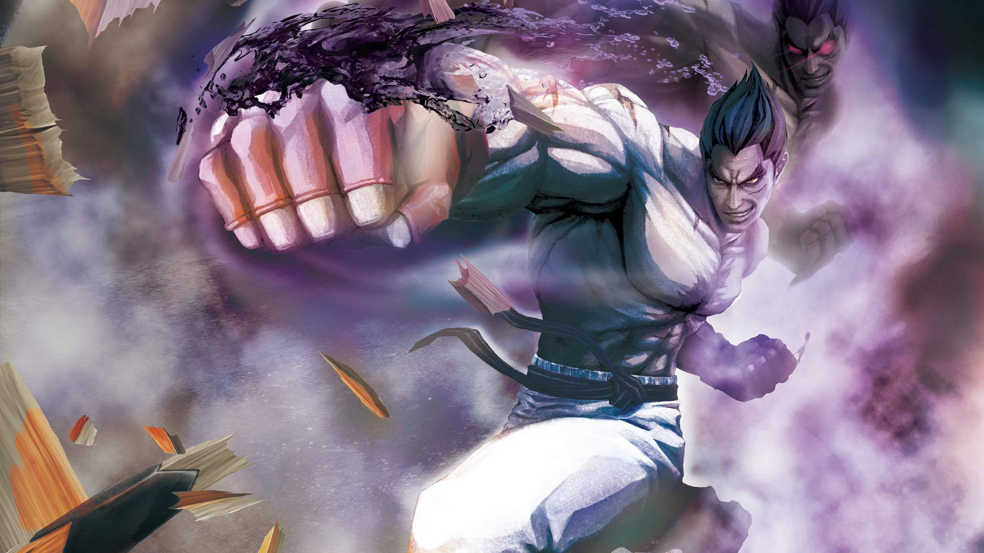 Kazuya Mishima, glowing purple energy fist, shattered debris, Full HD Desktop Wallpaper