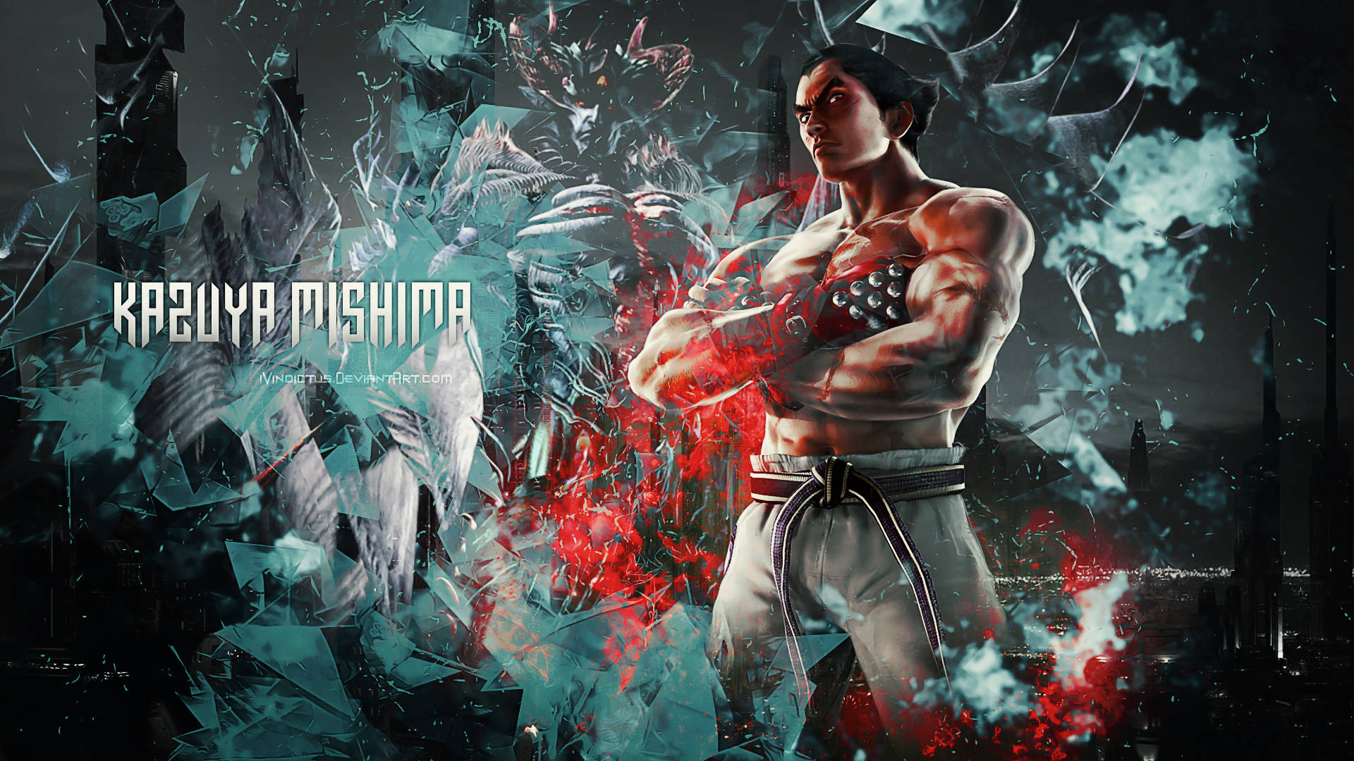 Kazuya Mishima, demonic form, red and teal energy, Full HD Desktop Wallpaper