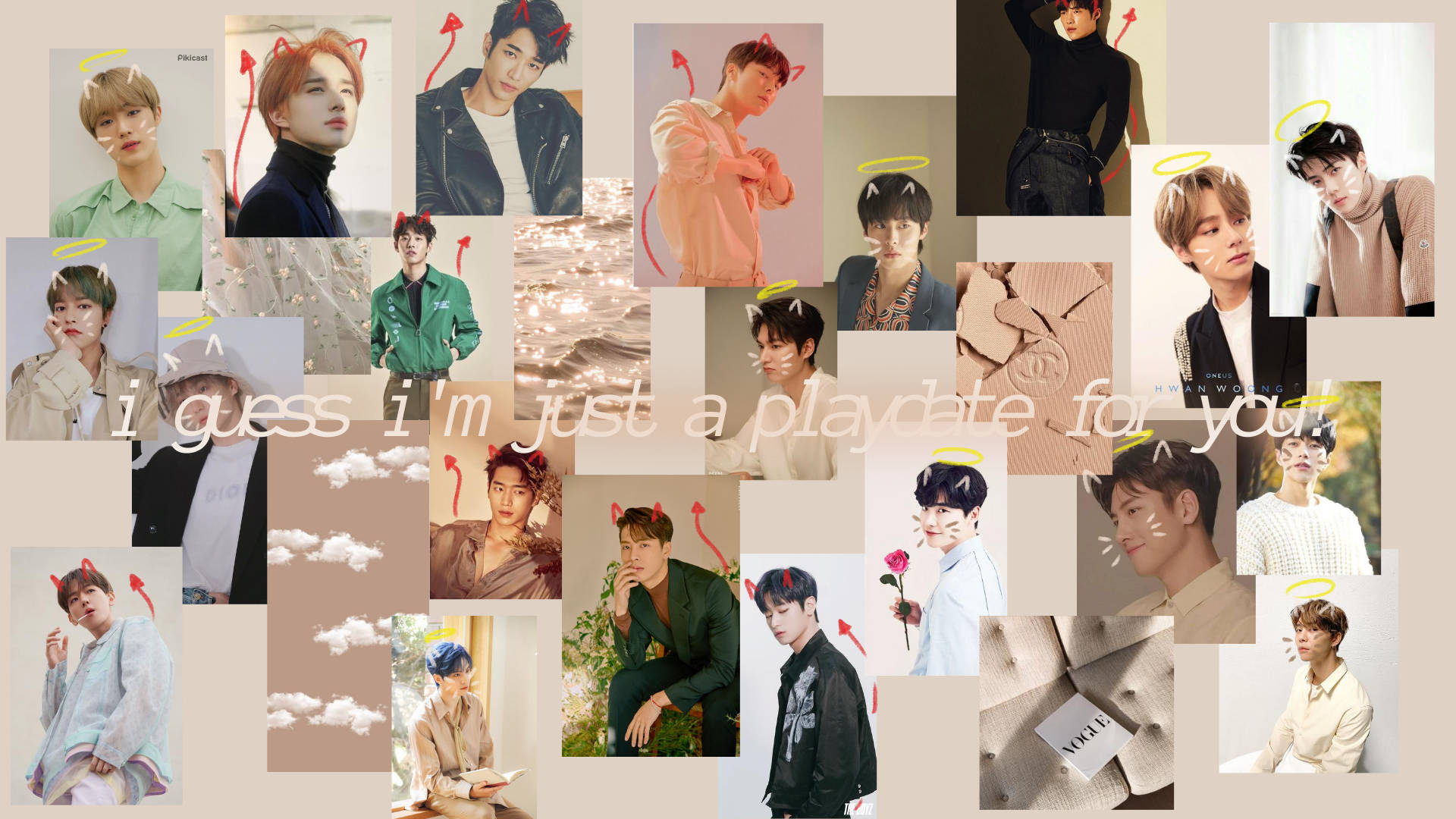 K-pop idols, playful devil and angel overlays, soft pastel backgrounds, Full HD Desktop Wallpaper