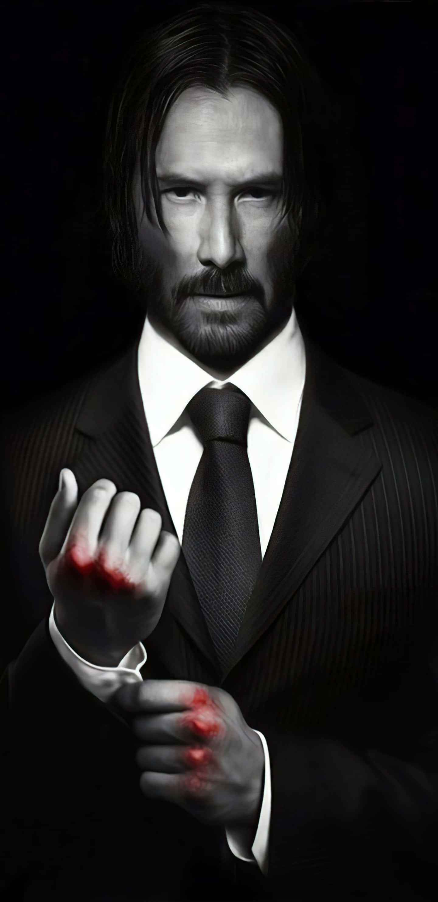 Keanu Reeves, black suit, blood on hands, 2K Phone Wallpaper