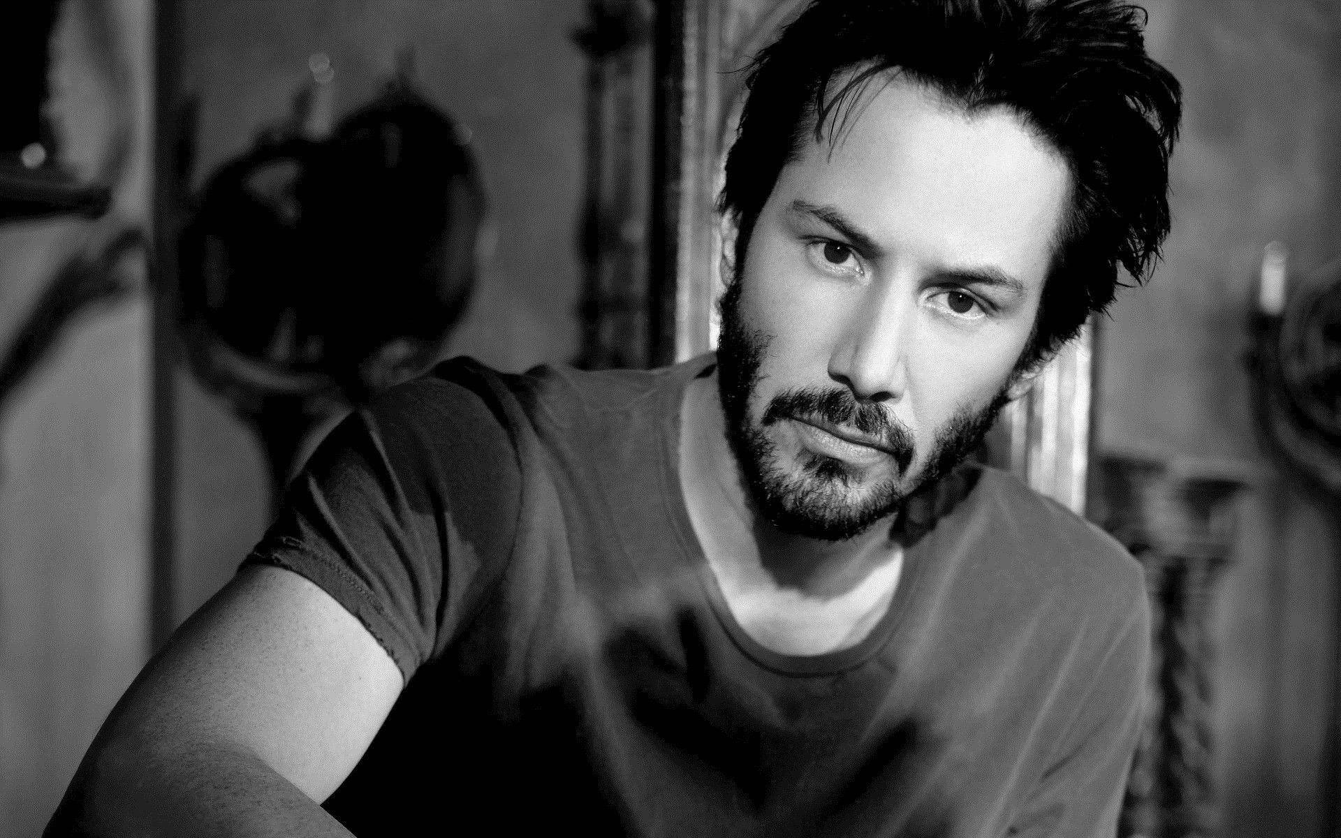 Keanu Reeves, black and white portrait, dark hair, Full HD Desktop Wallpaper