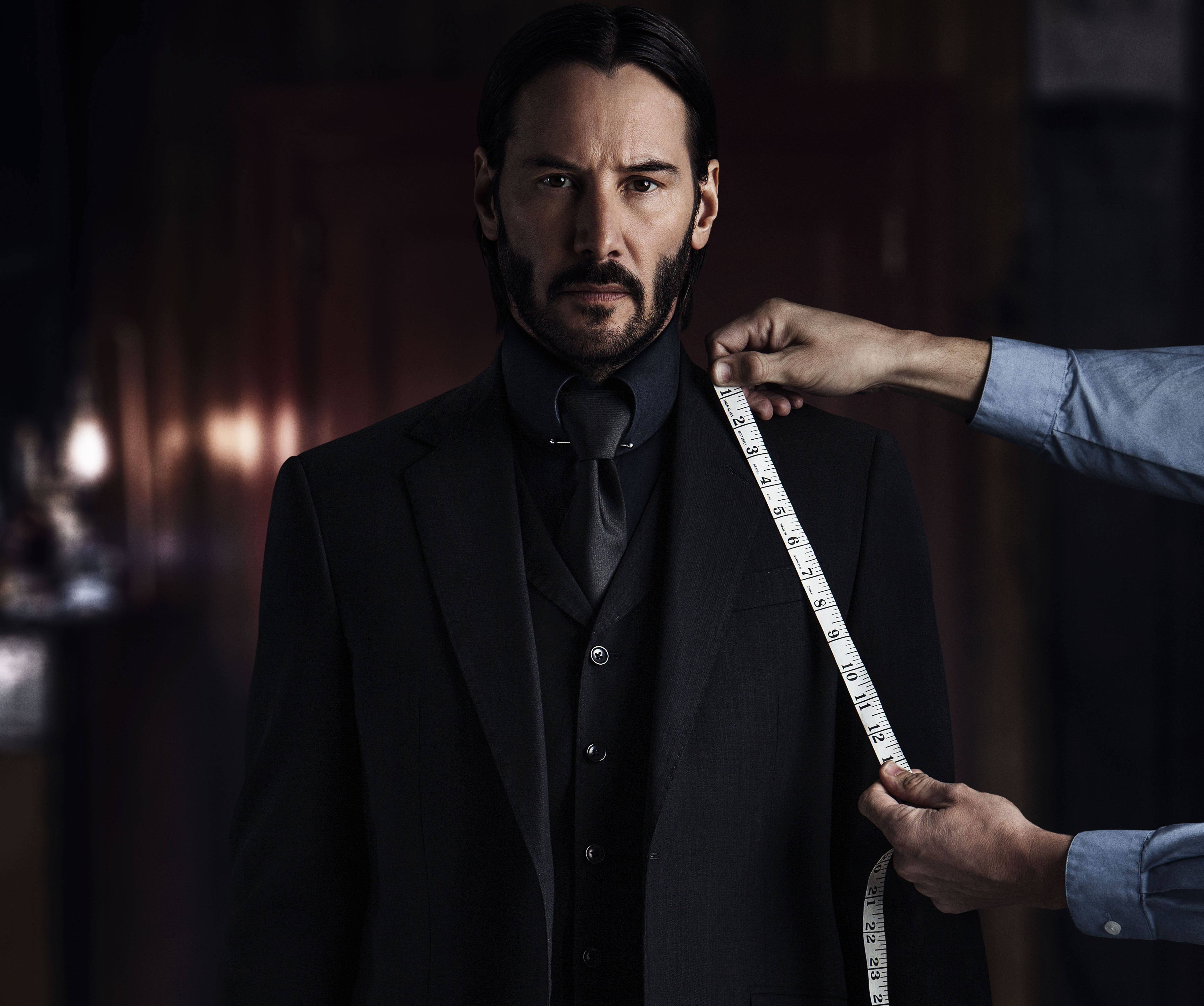 Keanu Reeves, black suit, white tape measure, 5K Desktop Wallpaper