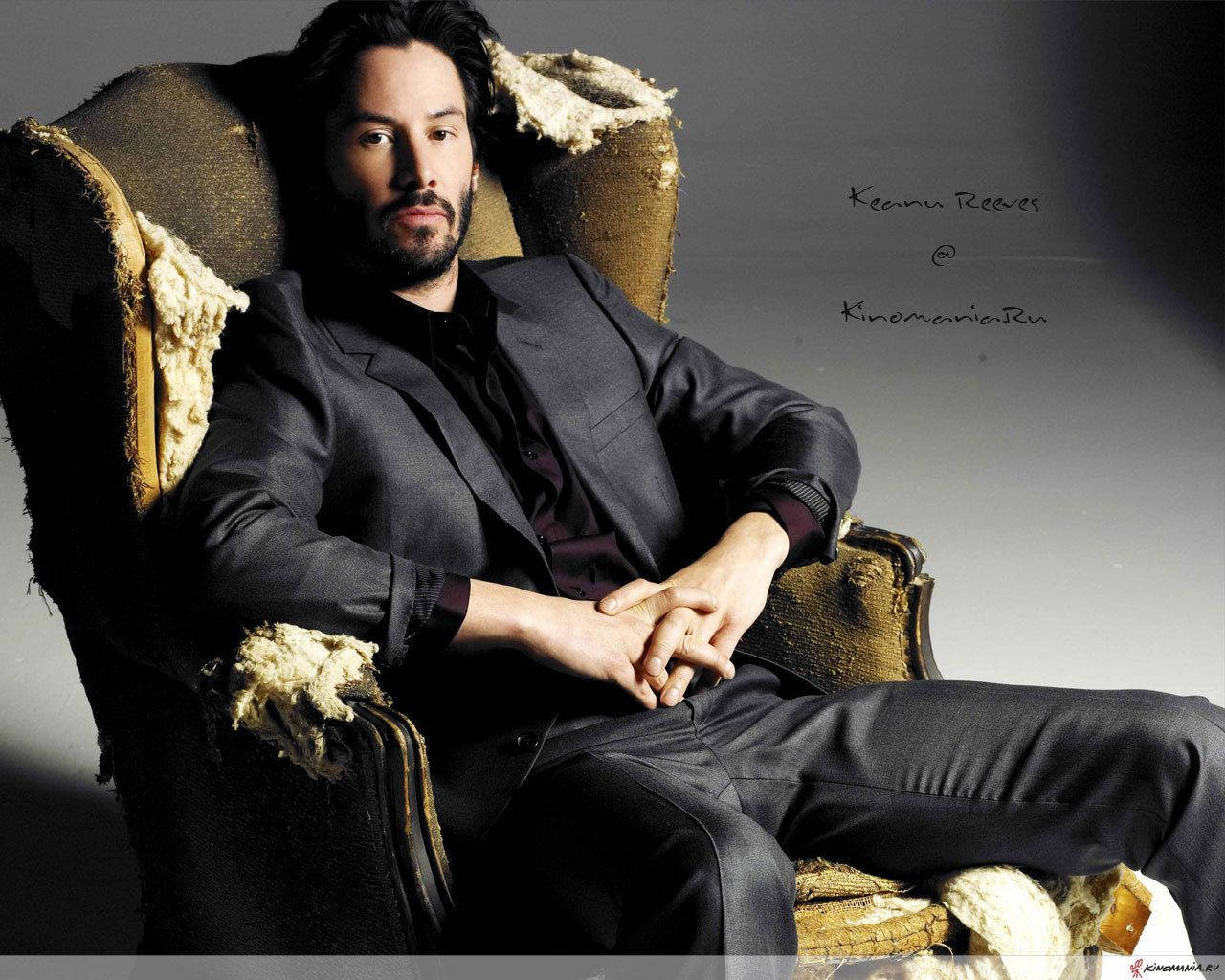Keanu Reeves, black suit, worn armchair, HD Desktop Wallpaper
