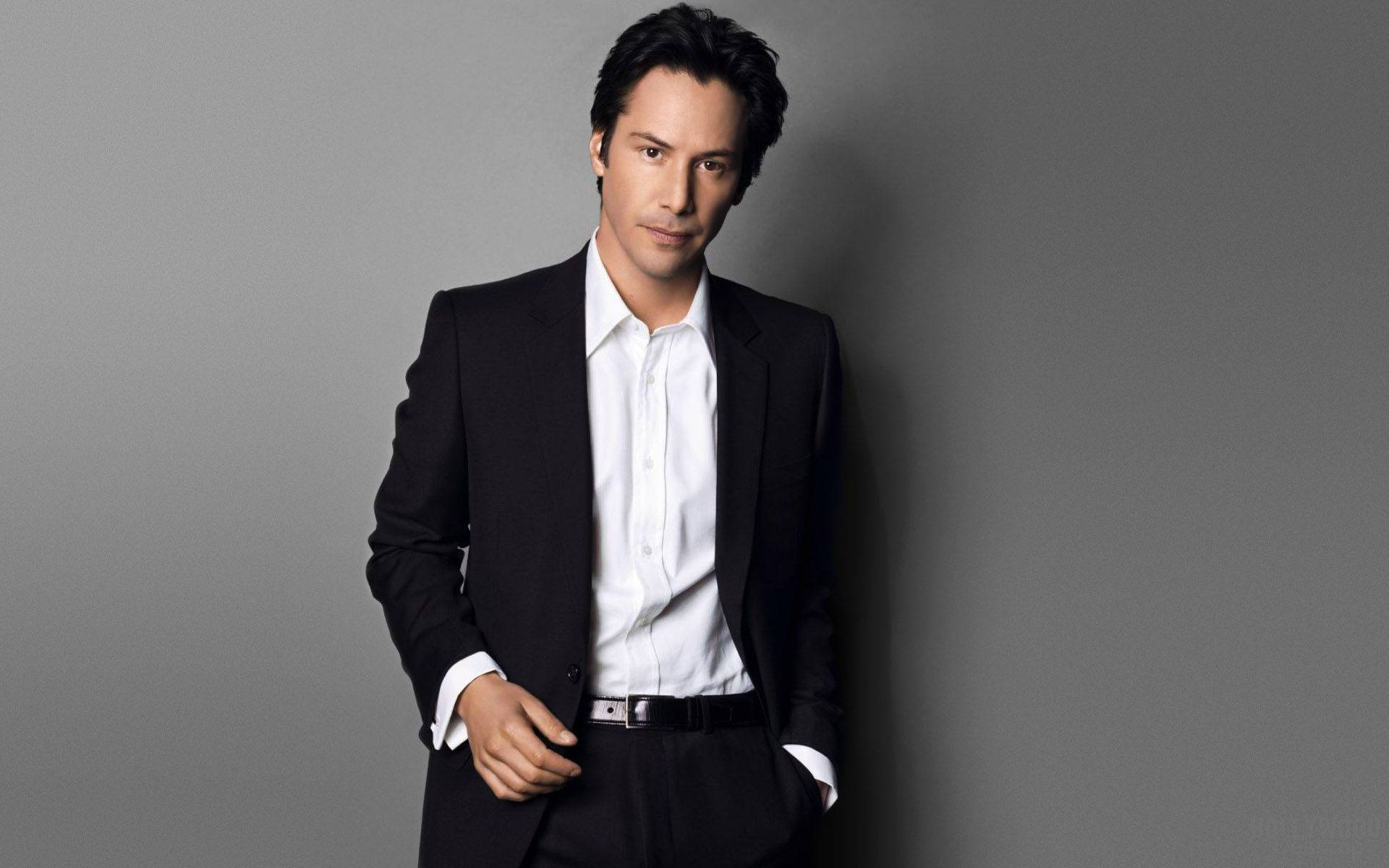 Keanu Reeves, black suit, white shirt, Full HD Desktop Wallpaper