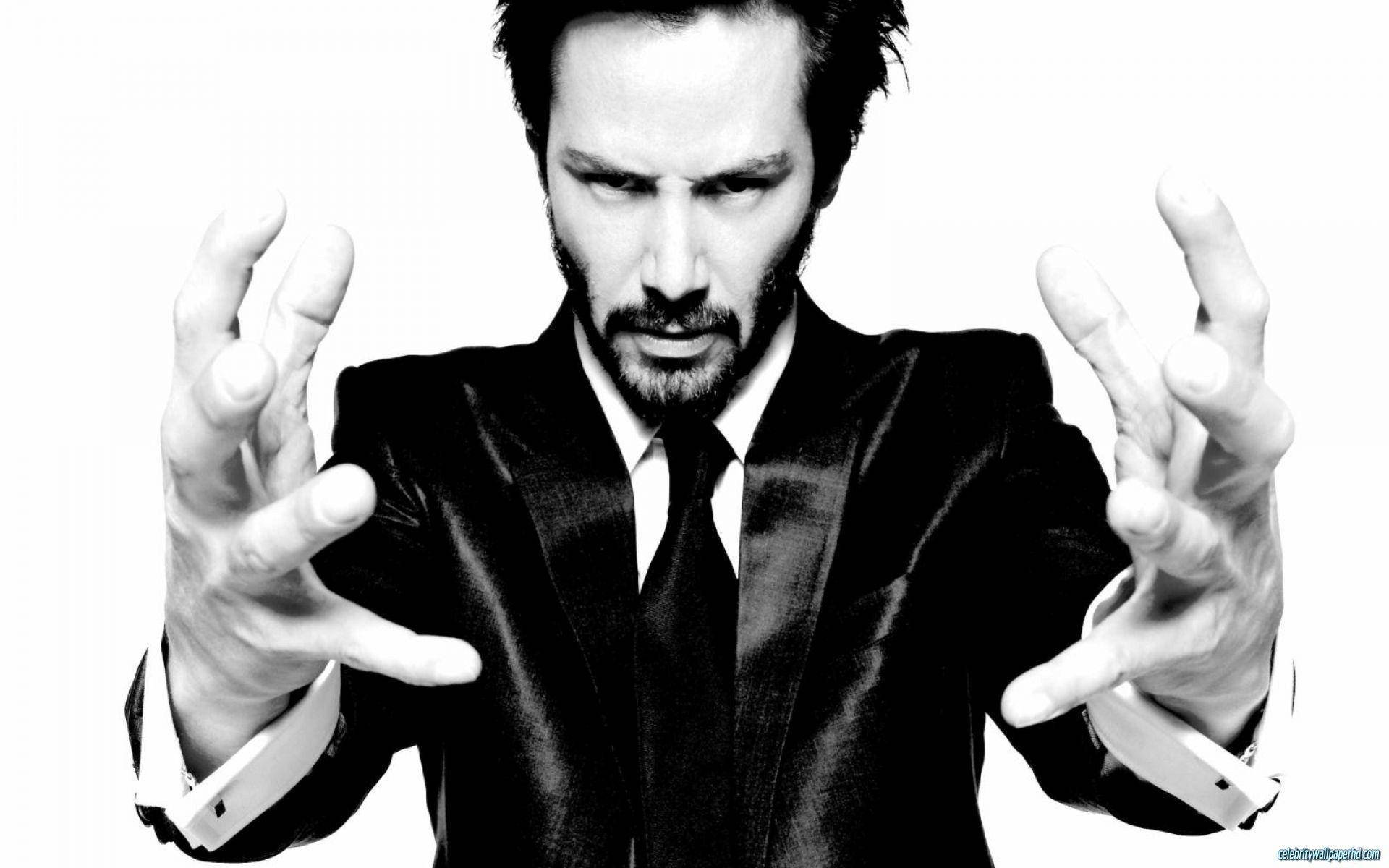 Keanu Reeves, black suit, intense eyes, Full HD Desktop Wallpaper