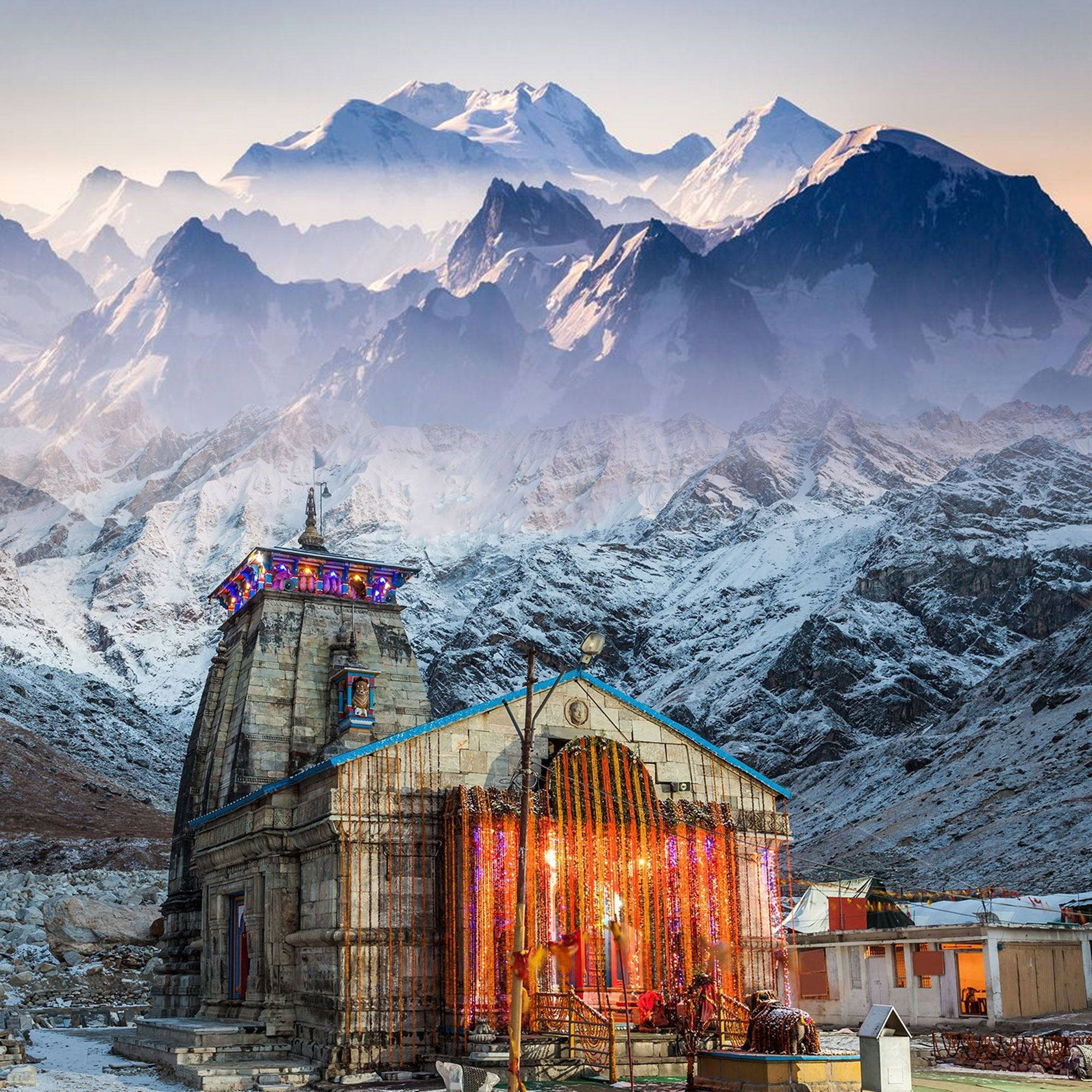 Kedarnath, snow-capped mountain temple, colorful lights, Full HD Desktop Wallpaper
