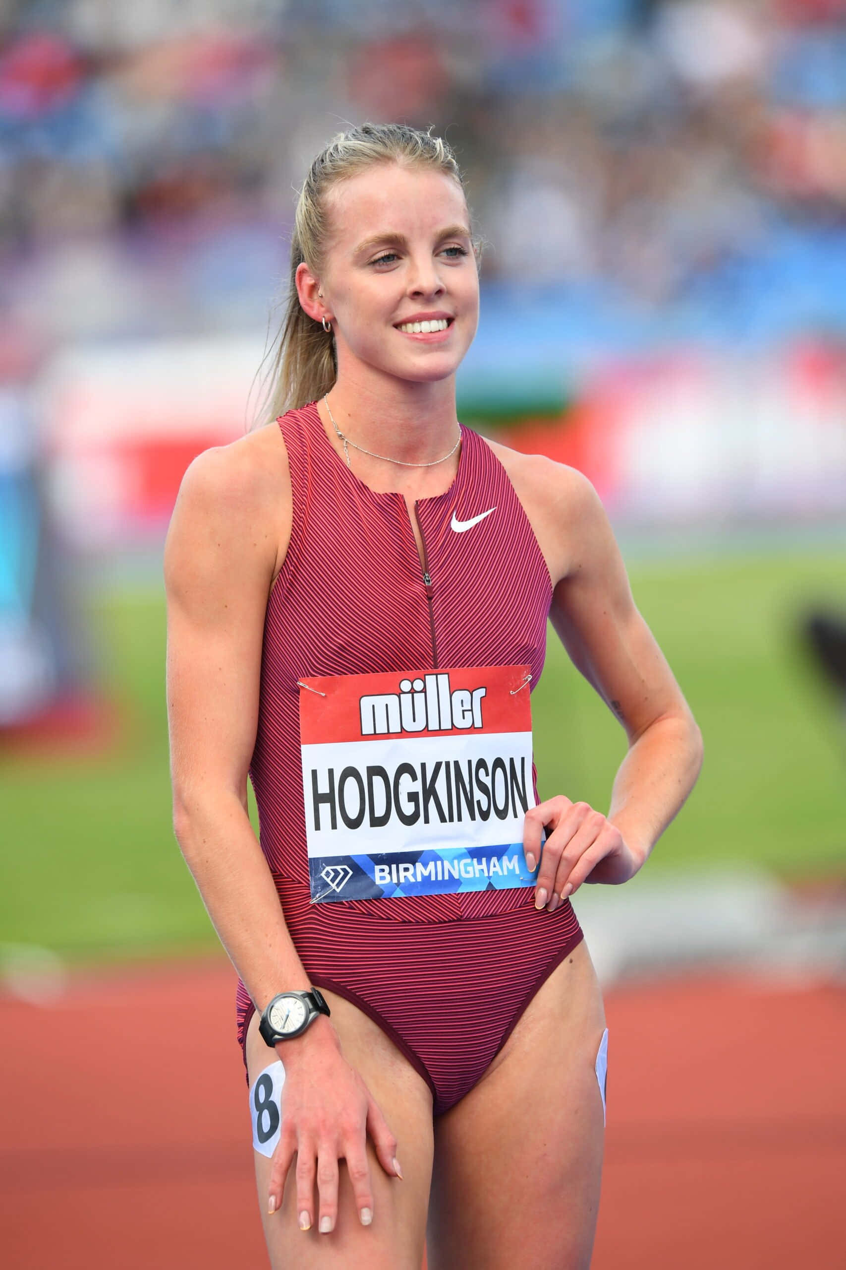 Keely Hodgkinson, red striped uniform, running track, 2K Phone Wallpaper