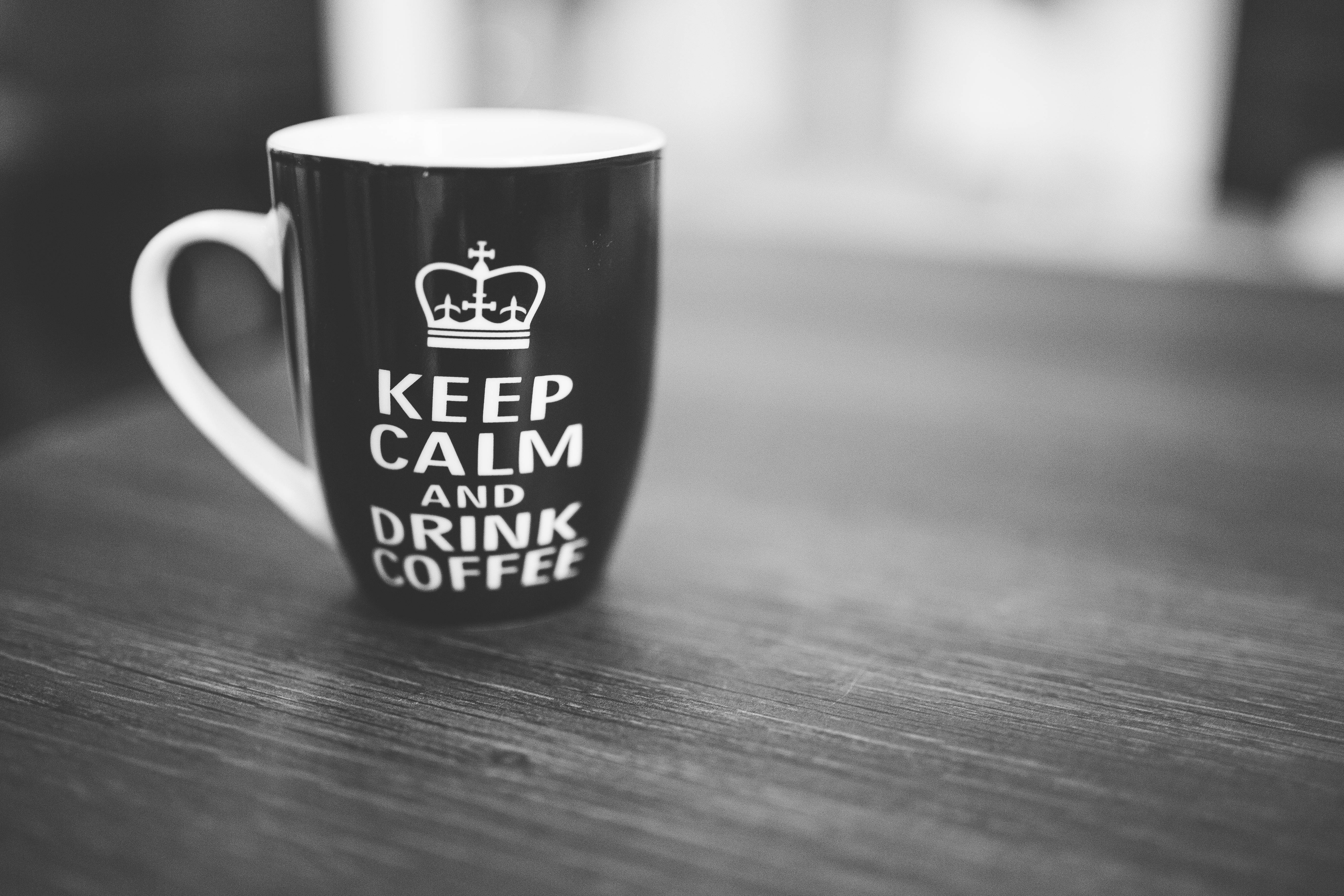 Keep Calm And Drink Coffee, black and white mug, crown, 5K Desktop Wallpaper