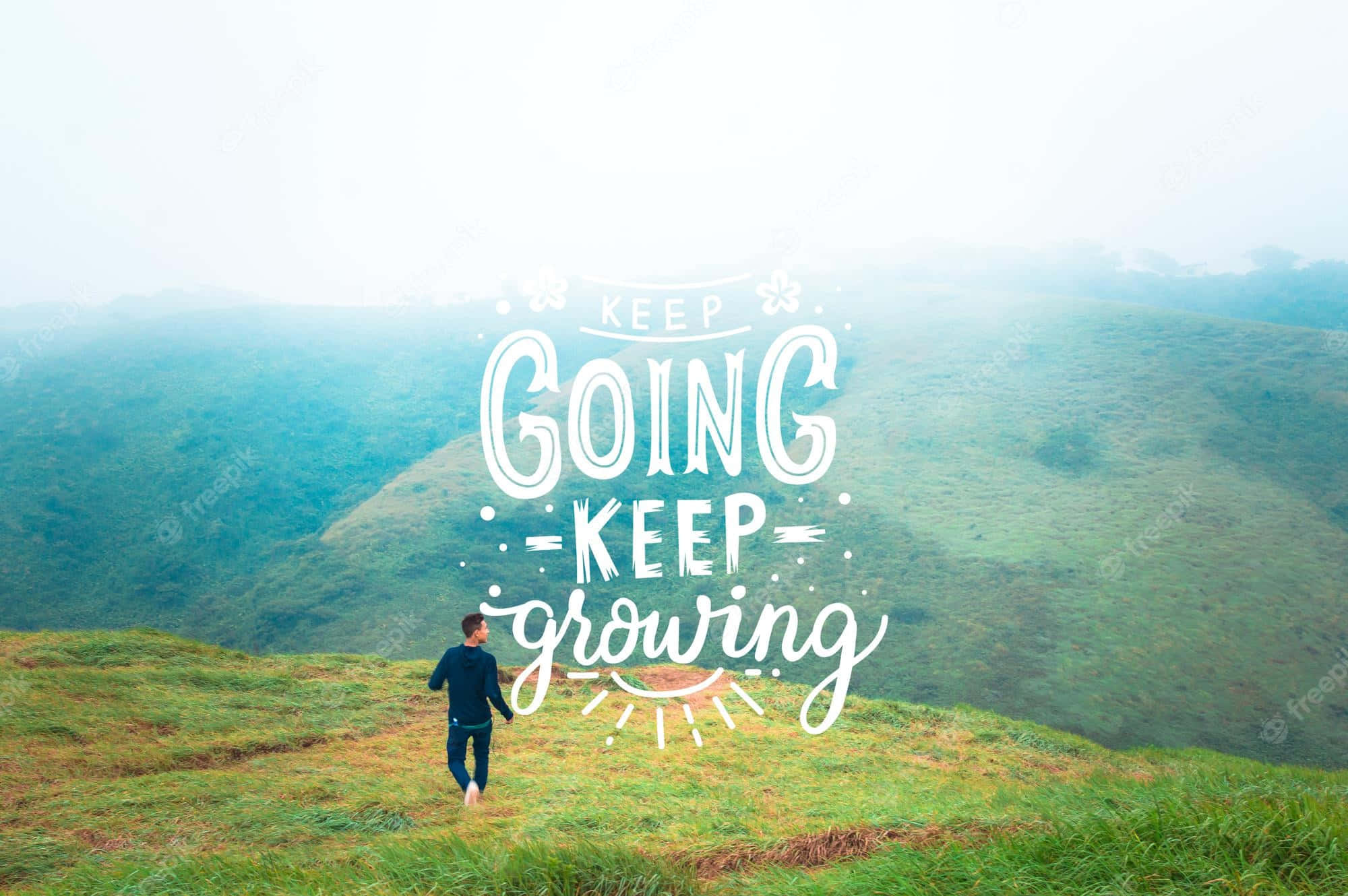 keep going, misty green hillside, large white motivational text, Full HD Desktop Wallpaper
