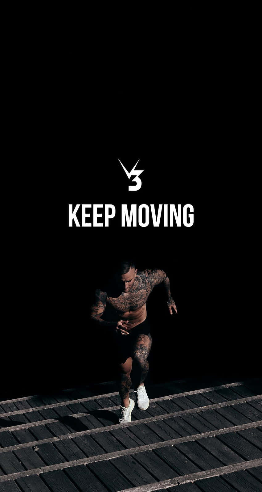 Keep Moving And Run, tattooed man, dark wooden stairs, HD Phone Wallpaper