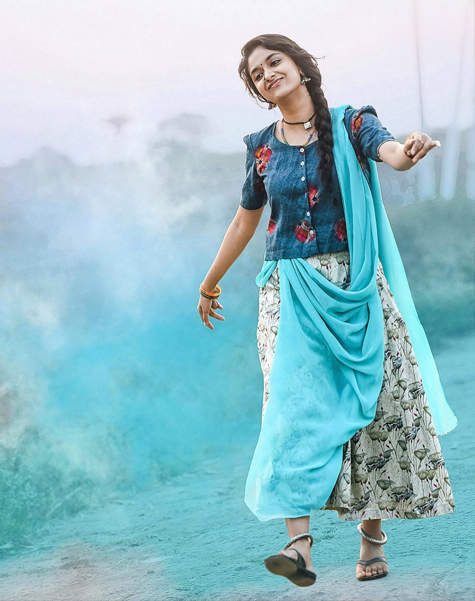 Keerthi Suresh, blue outfit, traditional attire, Full HD Phone Wallpaper