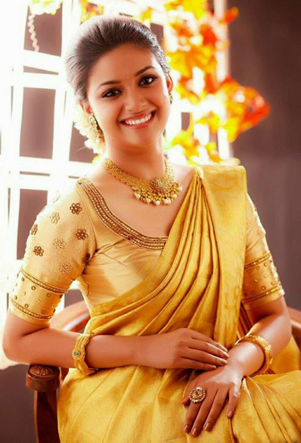 Keerthi Suresh, yellow sari, golden saree, HD Phone Wallpaper