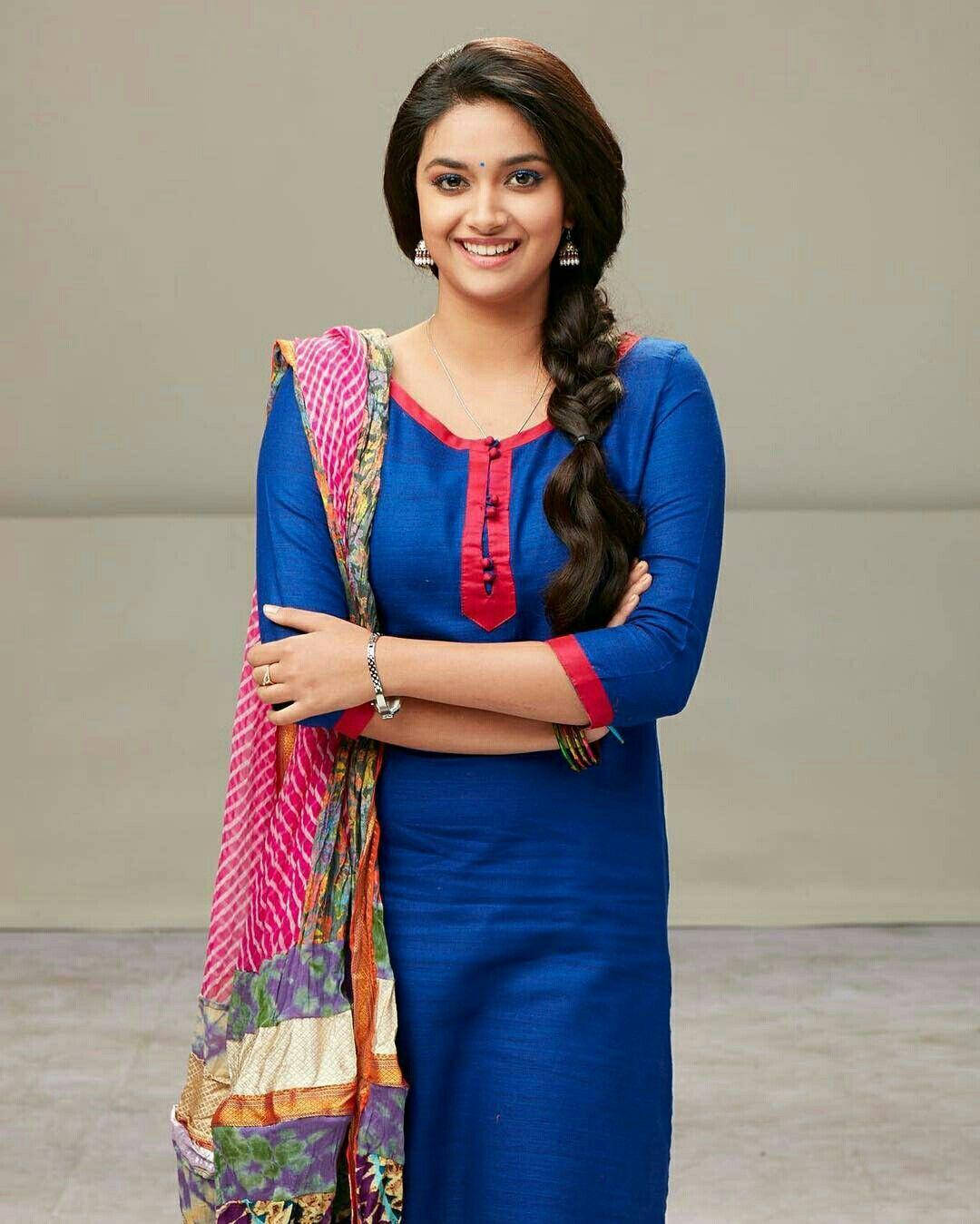 Keerthi Suresh, blue kurti, red accents, HD Phone Wallpaper