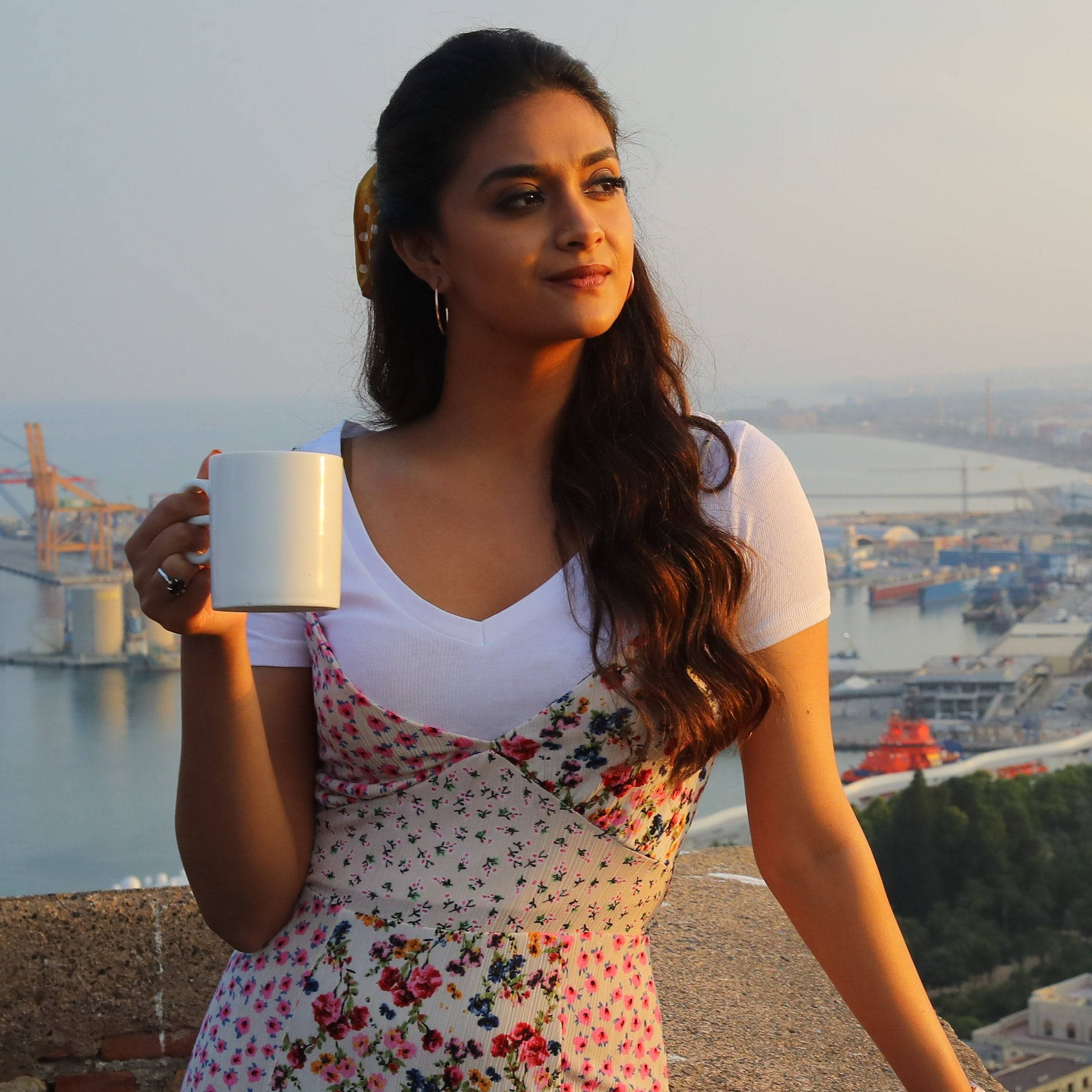 Keerthi Suresh, floral dress, mug, Full HD Desktop Wallpaper