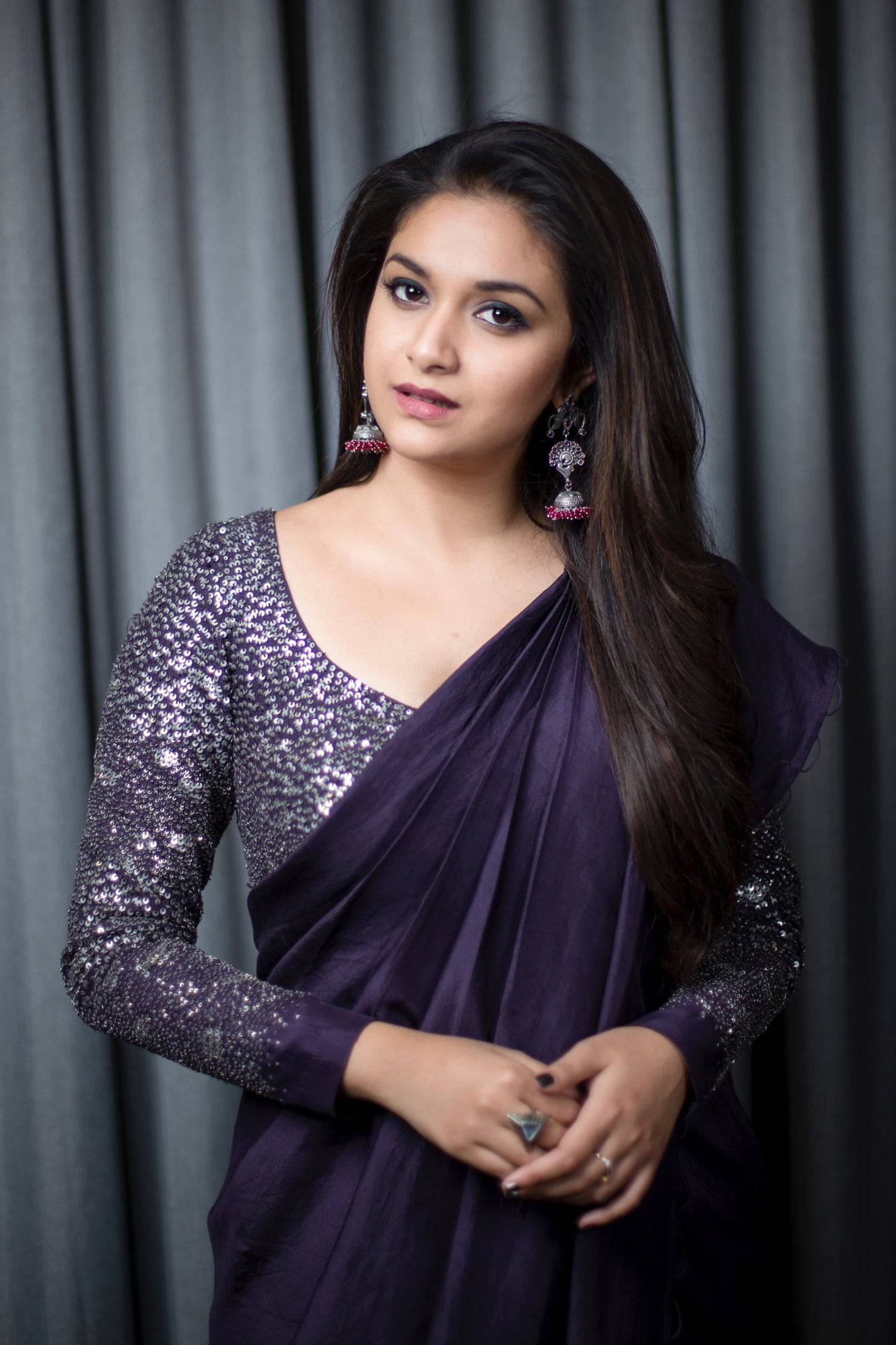 Keerthi Suresh, dark violet outfit, purple sequined saree, Full HD Phone Wallpaper