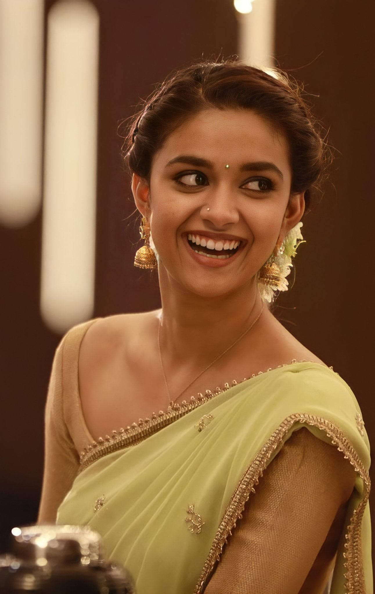 Keerthi Suresh, light green sari, smiles brightly, Full HD Phone Wallpaper