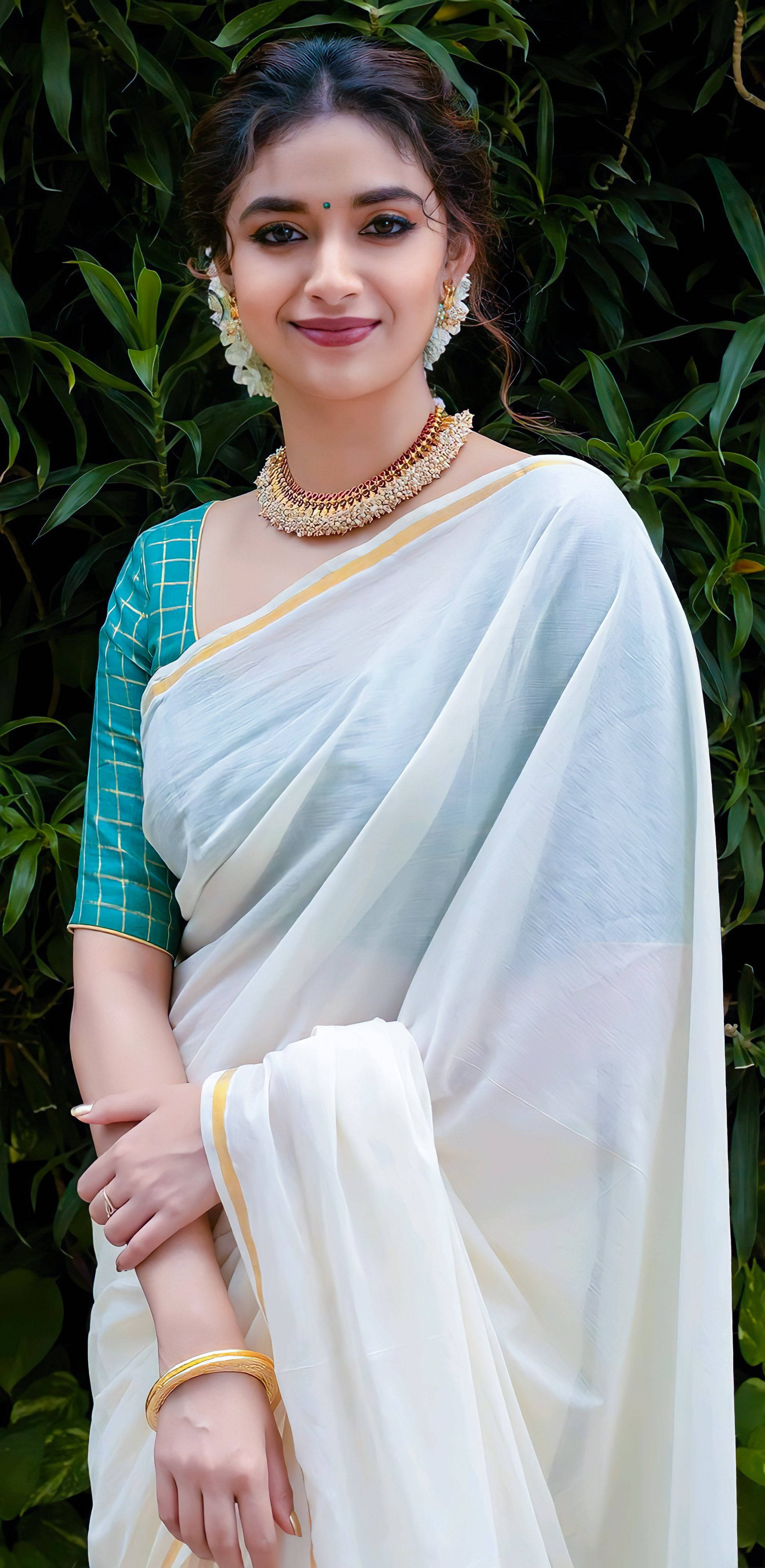 Keerthi Suresh, white and teal saree, gold accents, 4K Phone Wallpaper