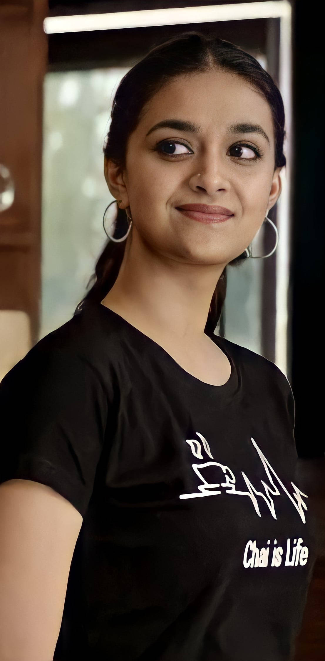 Keerthi Suresh, black t-shirt, white chai-themed graphic, Full HD Phone Wallpaper