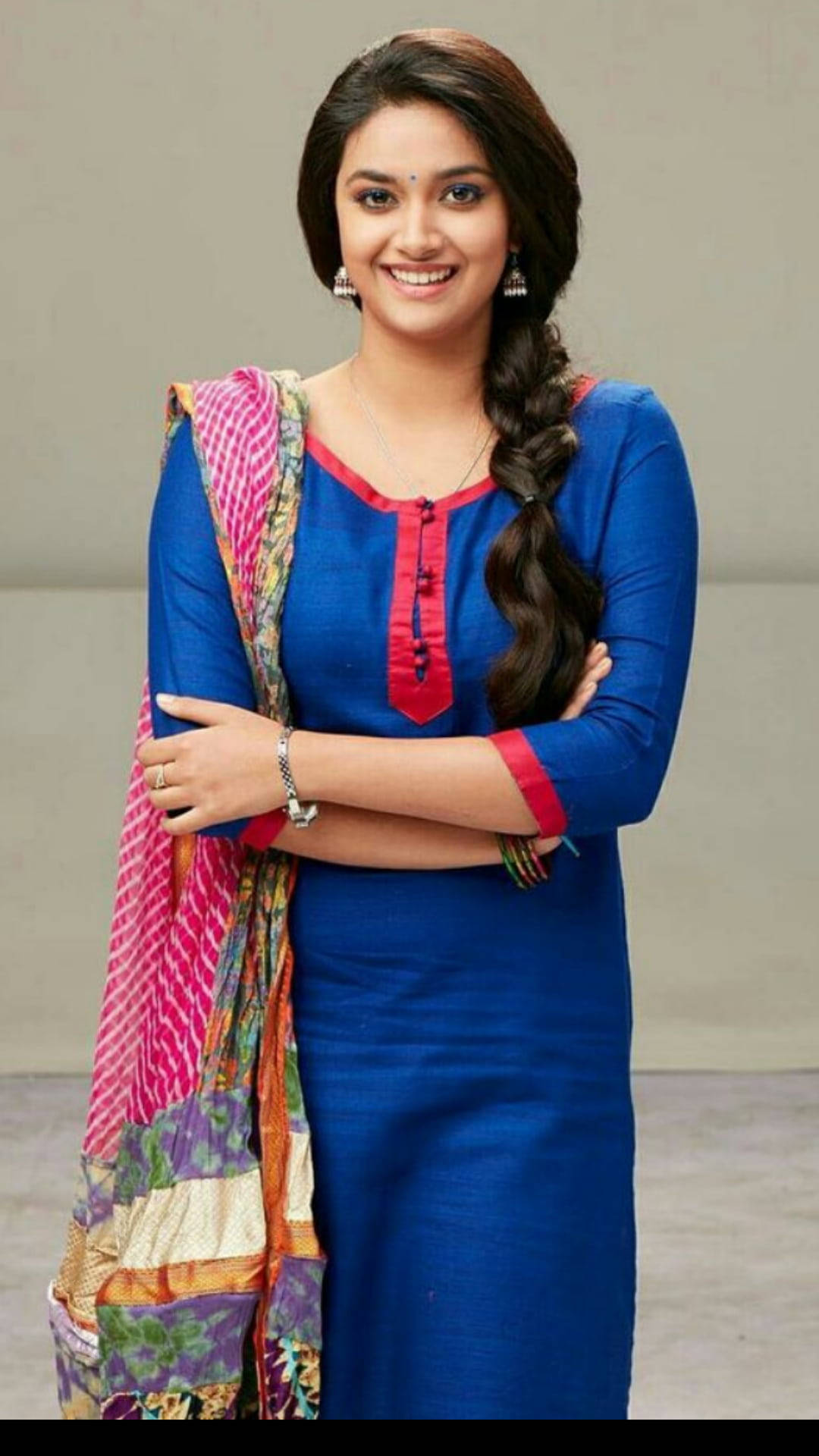Keerthi Suresh, vibrant blue kurti, red accents, Full HD Phone Wallpaper