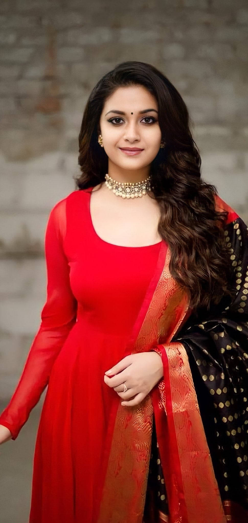 Keerthi Suresh, red long-sleeved dress, black gold dupatta, Full HD Phone Wallpaper