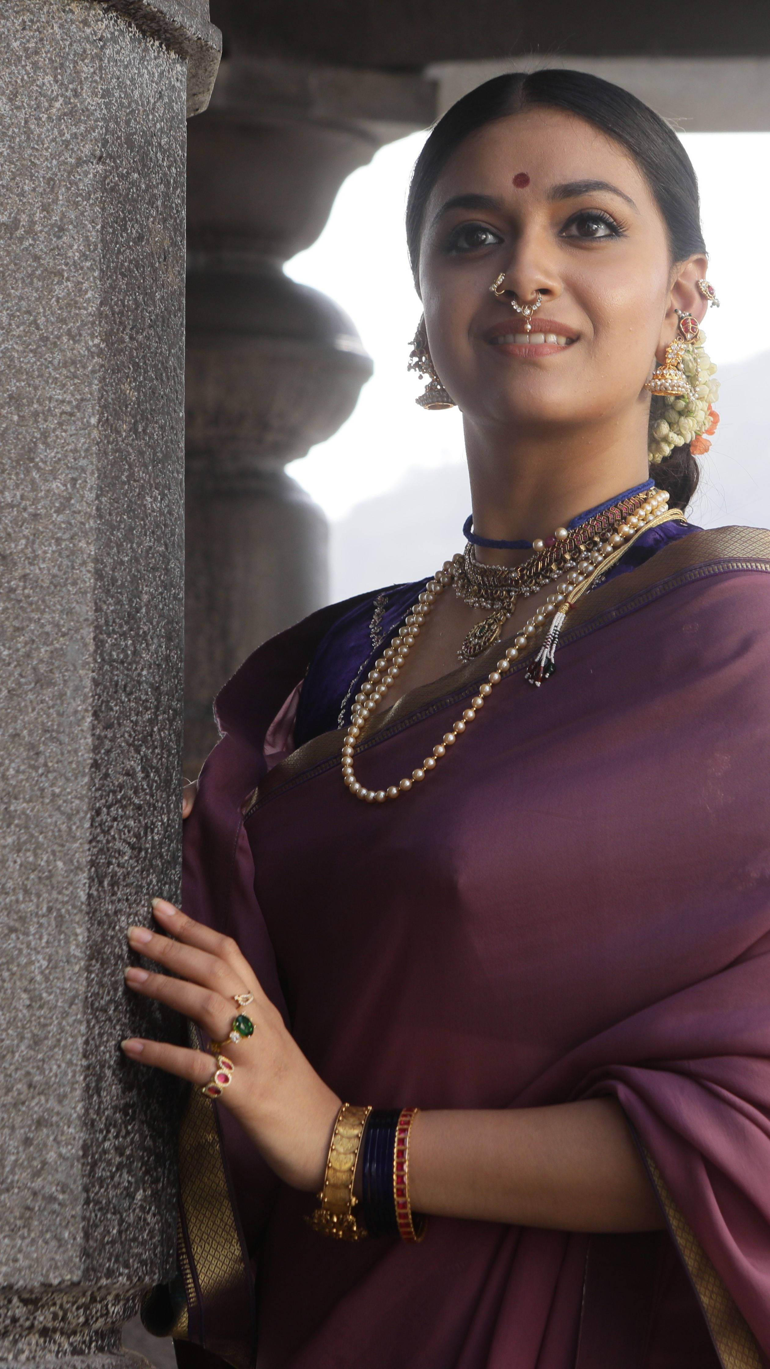 Keerthi Suresh, maroon saree, rich purple sari, 4K Phone Wallpaper