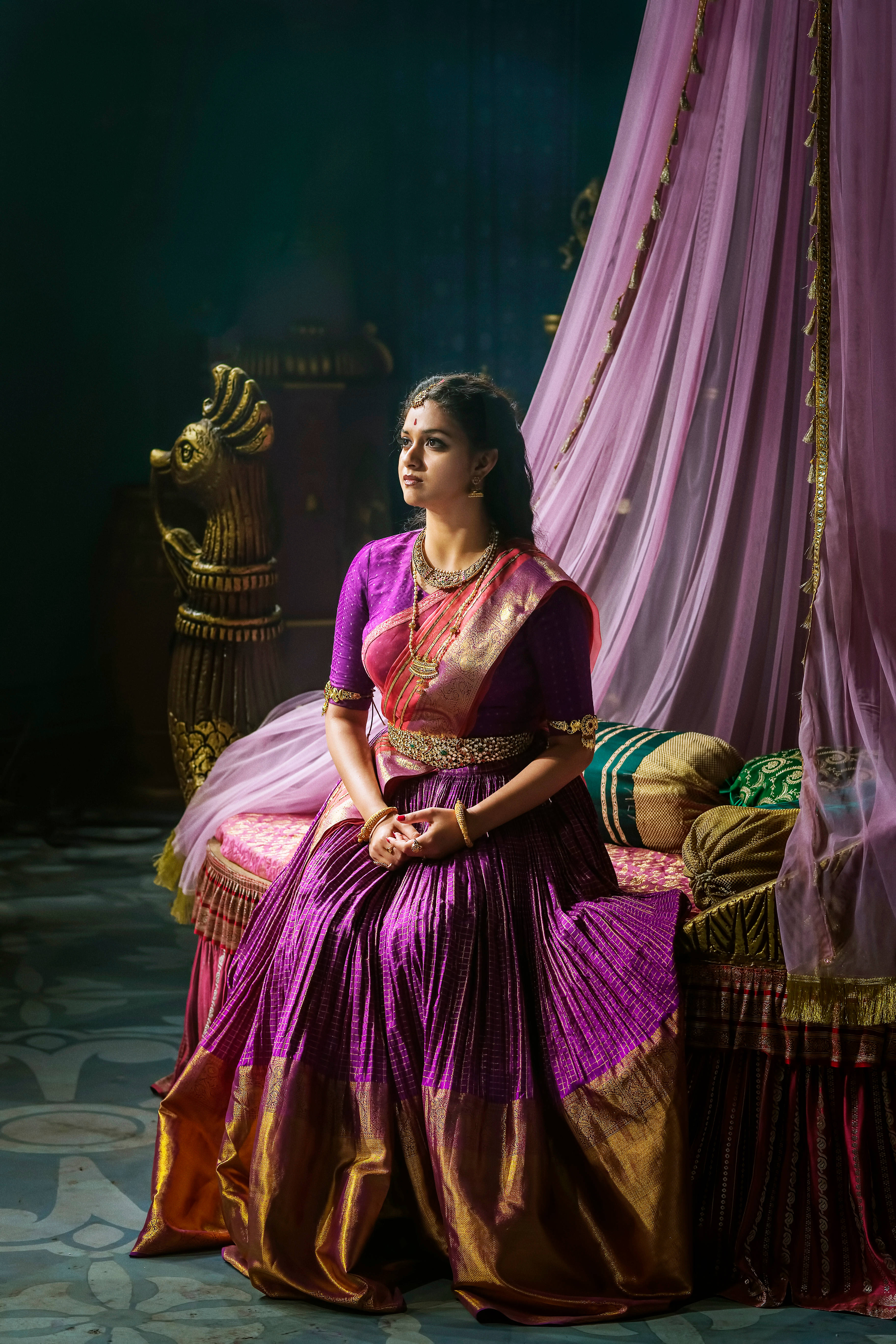 Keerthi Suresh, violet saree, rich purple and gold sari, 5K Phone Wallpaper
