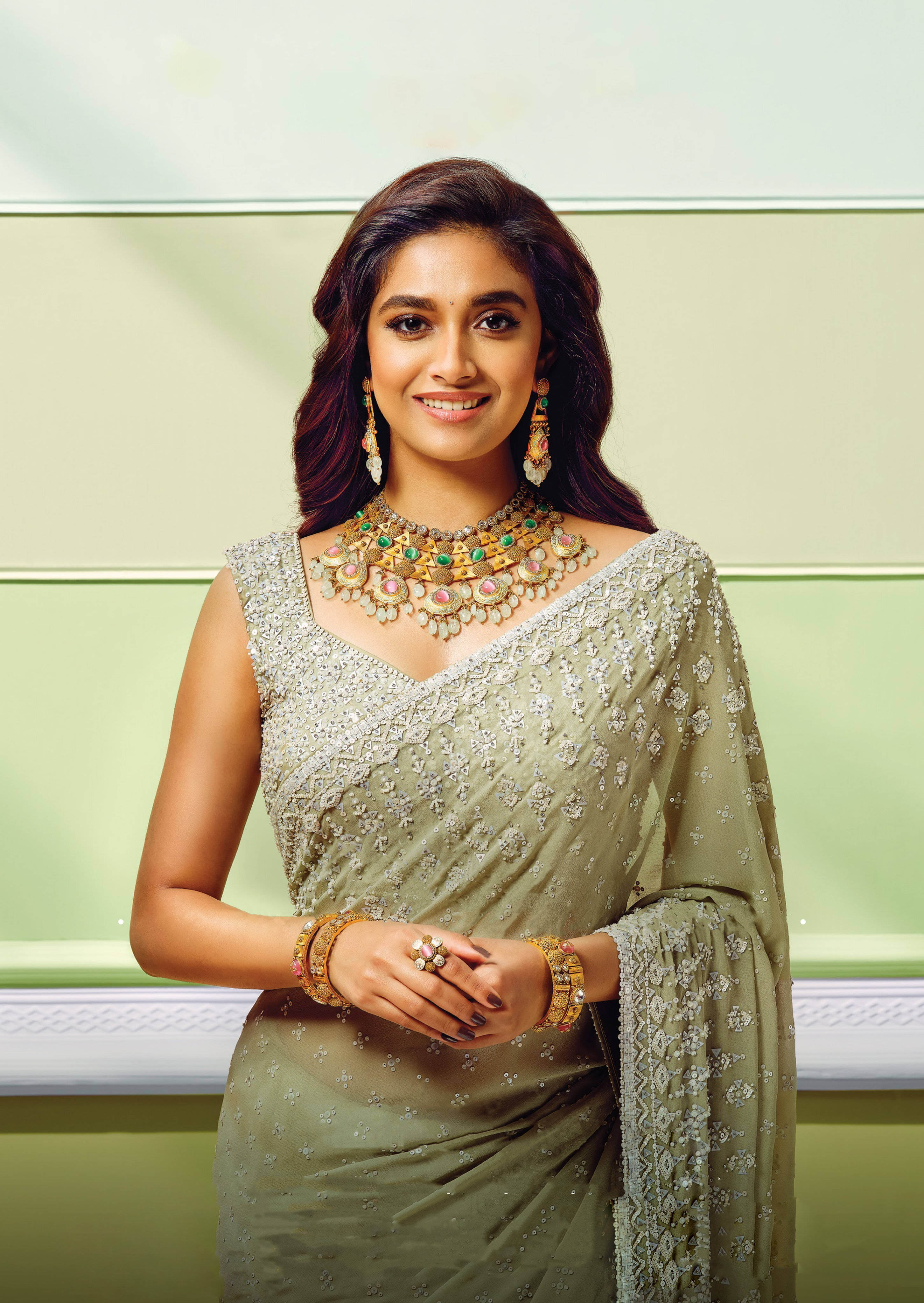 Keerthi Suresh, soft olive green saree, olive green embroidered sari, 4K Phone Wallpaper